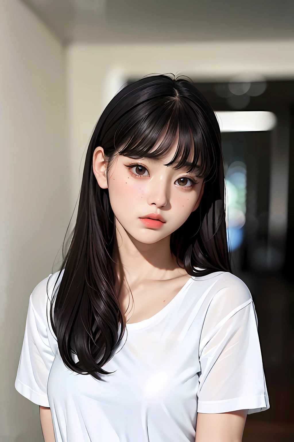 Masterpiece, best quality, (dark photo: 1.3), realistic, 1girl, flat bangs, stunning innocent symmetrical face, shirt, emotional, ulzzang, (PureErosFace_V1: 0.7)