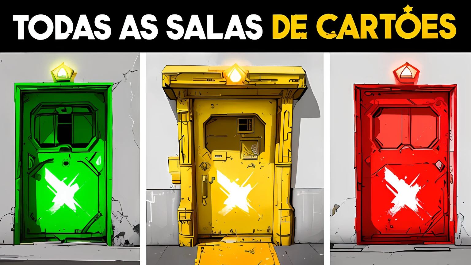 three doors with a green light and a red light on them, doors that are cosmic portals, Portais, valorant, estrela, Caparisons coloridos, Estilo Valorant, Ter, venda, Sabbas, riot jogos, portas de elevador parecem uma boca, bordalo, Balaskas, estilo de arte borderlands, salvador, description, 3 portas