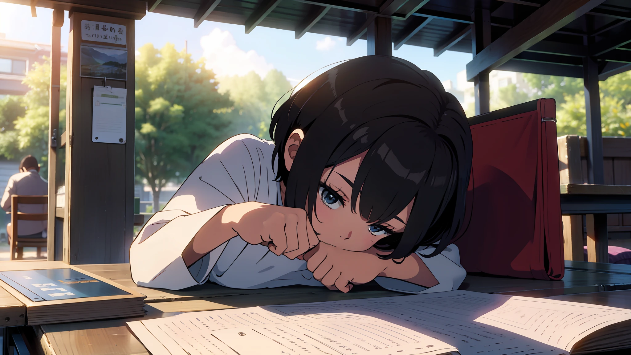 outside，A little girl with short hair was lying on her stomach in front of the table，Write something