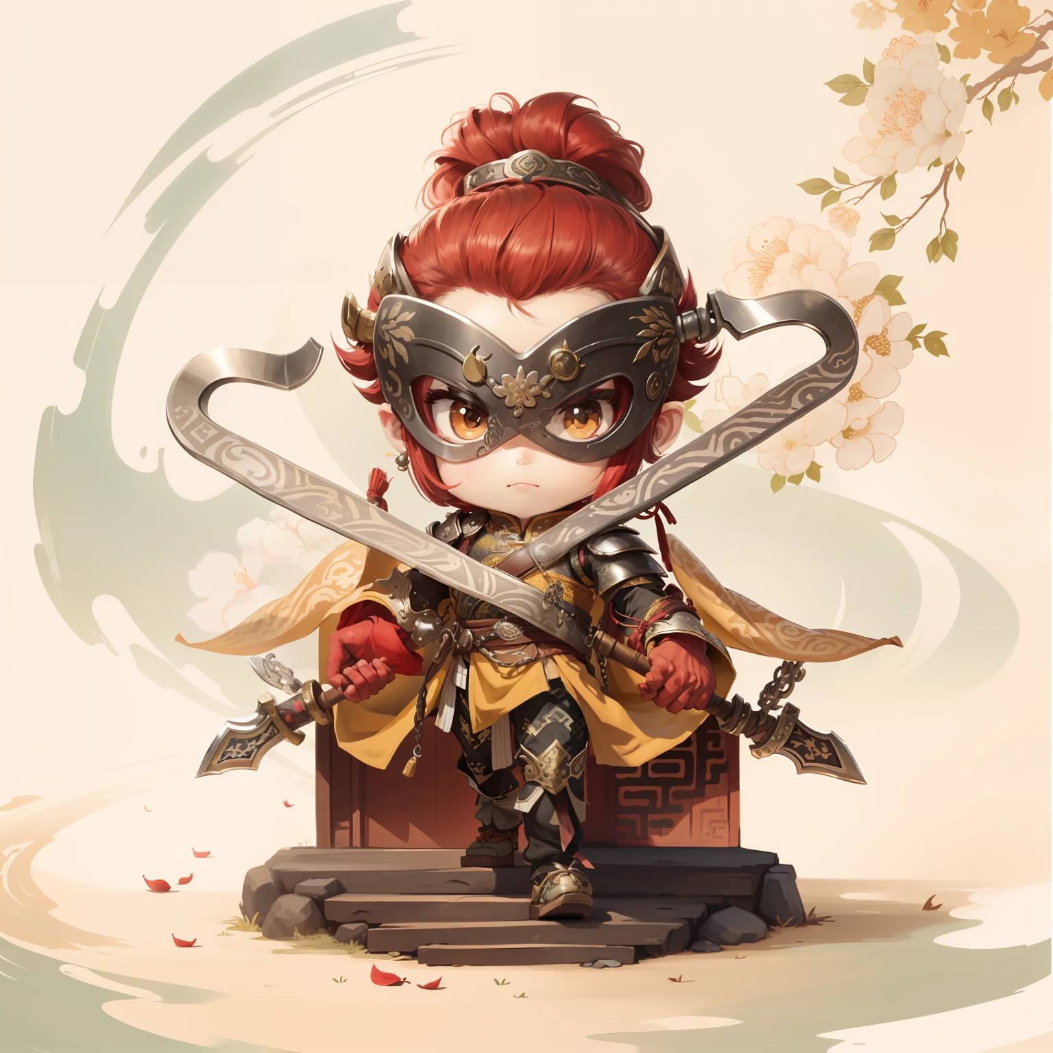 male people,Male characters,tchibi,Bad,Arms,Double hook weapon,Ancient Chinese weapons: Crescent hook,The handle has a delicate pattern,Shoulder blades,metal breastplate,chainmail,Animal pattern cuirass,chest plate,Bracers,Flowing hem,China-style,Chinese-style clothing,Chinese shoes,There are beautiful patterns on the weapon grips,Refinement,Fine painting,Refinement,infinite details,high definition detail,Patterned,Pattern,Blank background,Bright colors,Metal edging