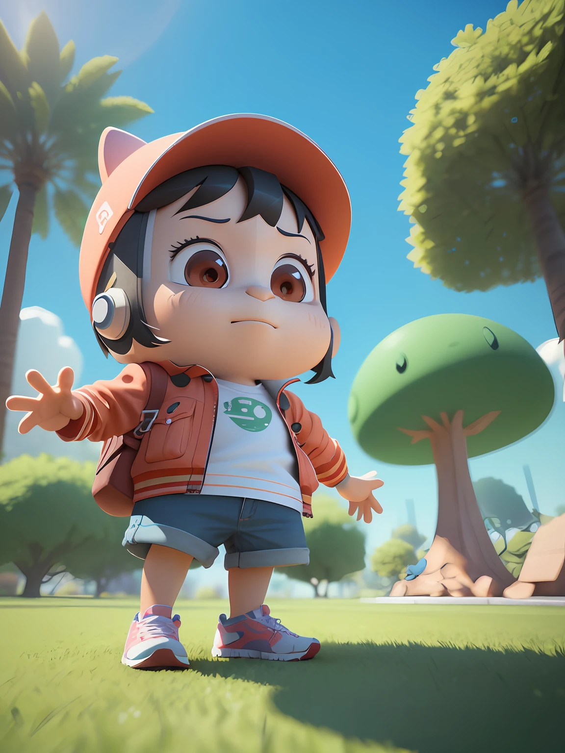 There is a cartoon character in the park, cute 3 d render, Female explorer mini cute girl, Cute detailed digital art, official fanart, Mobile game background, animation style render, trending on cgstation, Cute! C4D, 8K Forest, adorable digital art, 8 K cartoon illustration, Cute cartoon character, 3 d desenho animado,C4D,Cartoon stylized 3d rendering,Party,Render together,toon render keyshot,3D stylized scenes,animation style render,3D clay rendering。