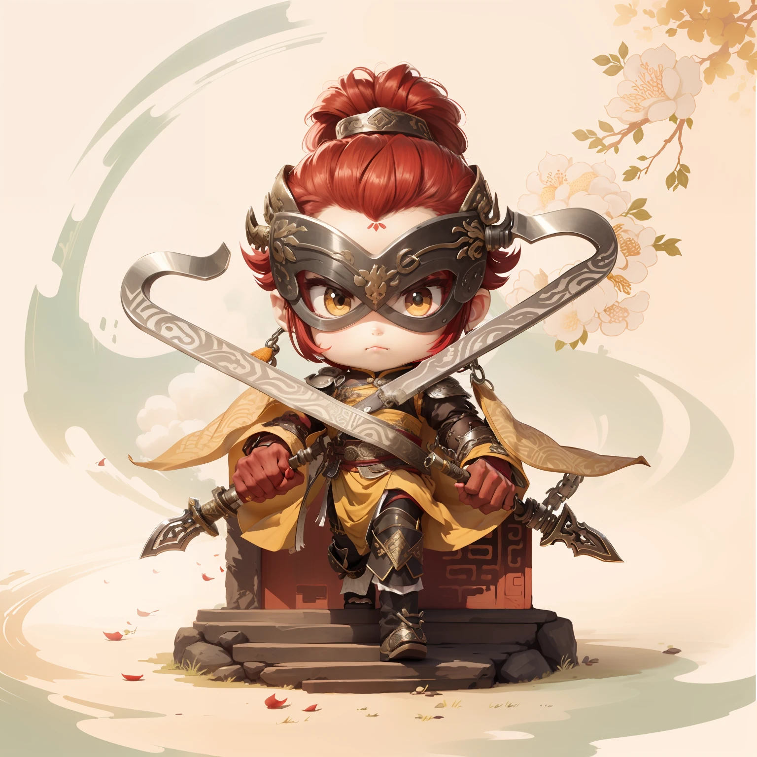 male people，Male characters，tchibi，Bad，Arms，Double hook weapon，Ancient Chinese weapons: Crescent hook，The handle has a delicate pattern，Shoulder blades，metal breastplate，chainmail，Animal pattern cuirass，chest plate，Bracers，Flowing hem，China-style，Chinese-style clothing，Chinese shoes，There are beautiful patterns on the weapon grips，Refinement，Fine painting，Refinement，infinite details，high definition detail，Patterned，Pattern，Blank background，Bright colors，Metal edging