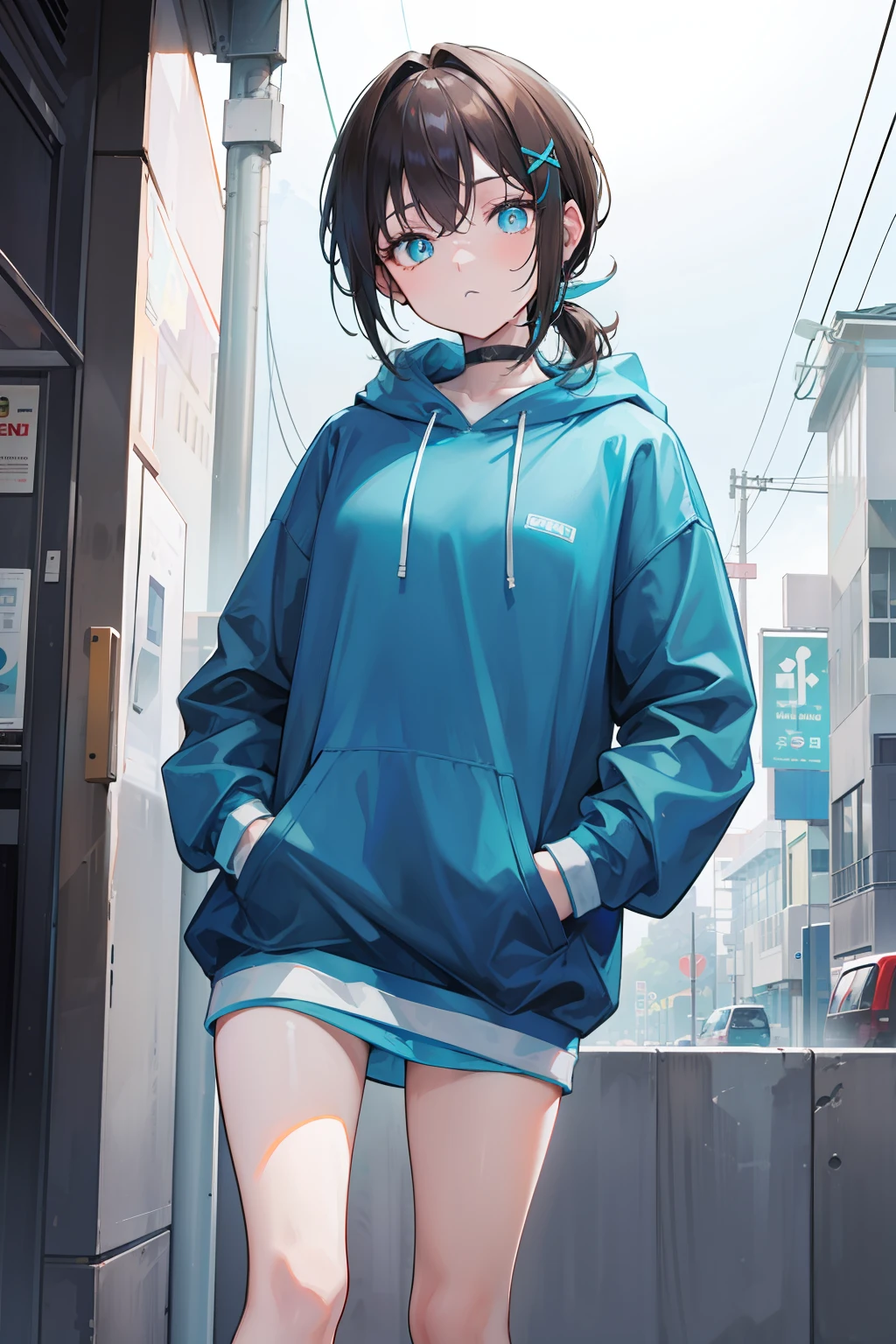 Cyan sweatshirt,hooding,with short brown hair,Bare legged,X-shaped hairpin,Light blue pupils,leg loops,Stick one hand in your pocket,Mare,Low ponytail,full bodyesbian
