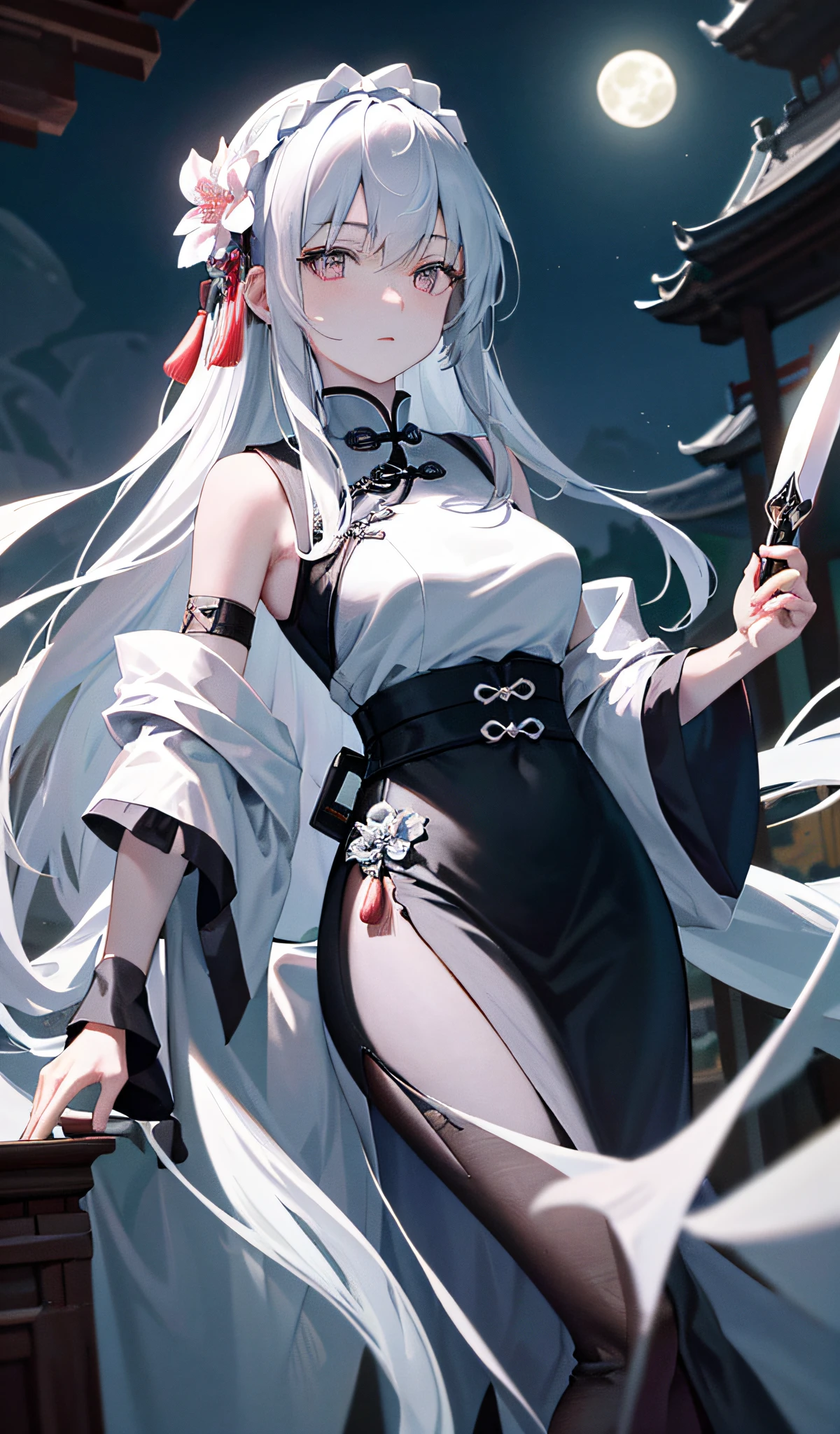 Masterpiece, Best, Night, Full Moon, 1 Female, Mature Woman, Chinese Style, Ancient China, Elder Sister, Royal Sister, Cold Face, Expressionless, Silver White Long Haired Woman, Pale Pink Lips, Calm, Intellectual, Three Belts, Gray Hitomi, assassin, dagger, flower ball background, street view