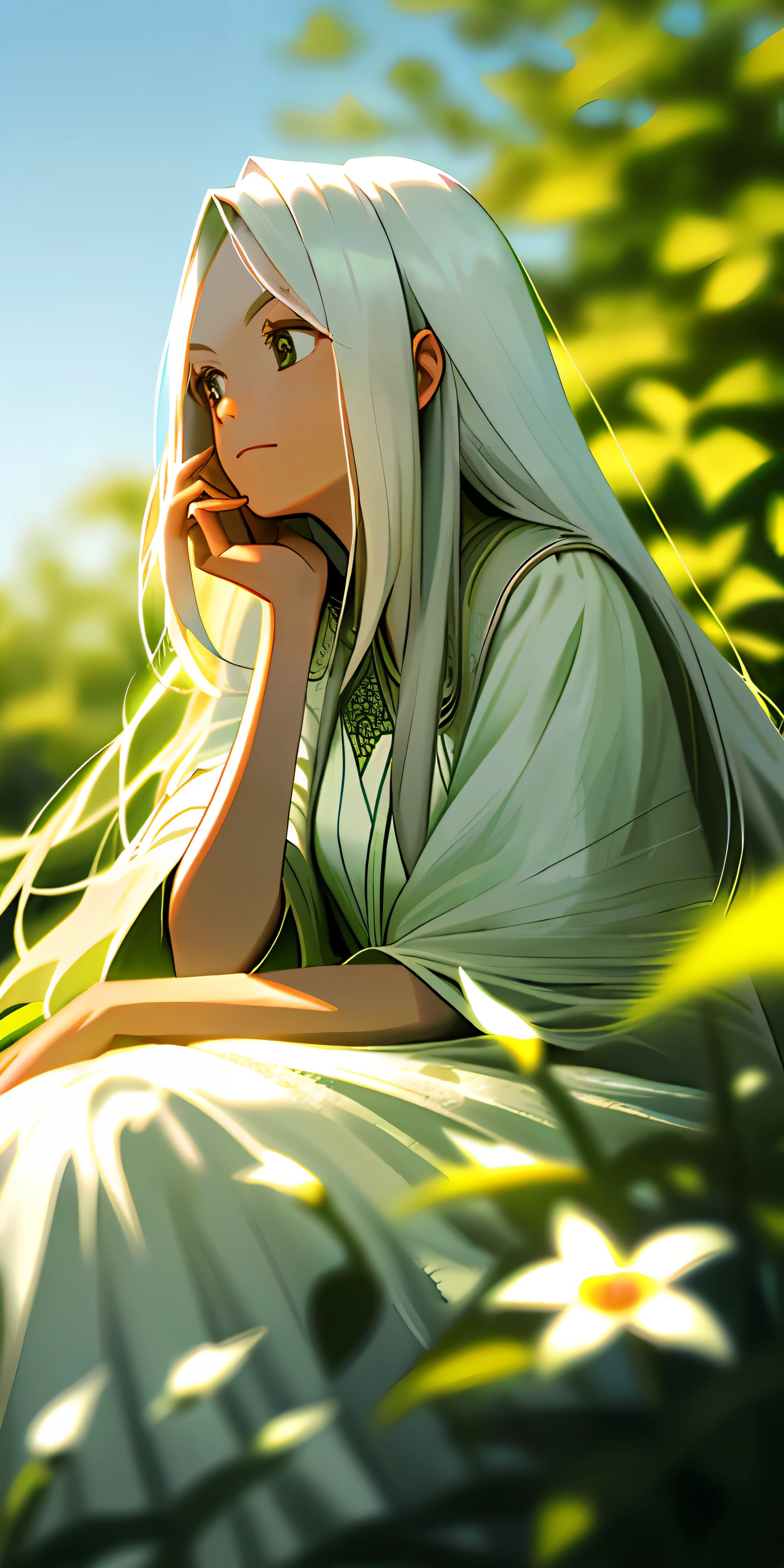 (masterpiece, best quality),1girl with long white hair sitting in a field of green plants and flowers, her hand under her chin, warm lighting, white dress, blurry foreground