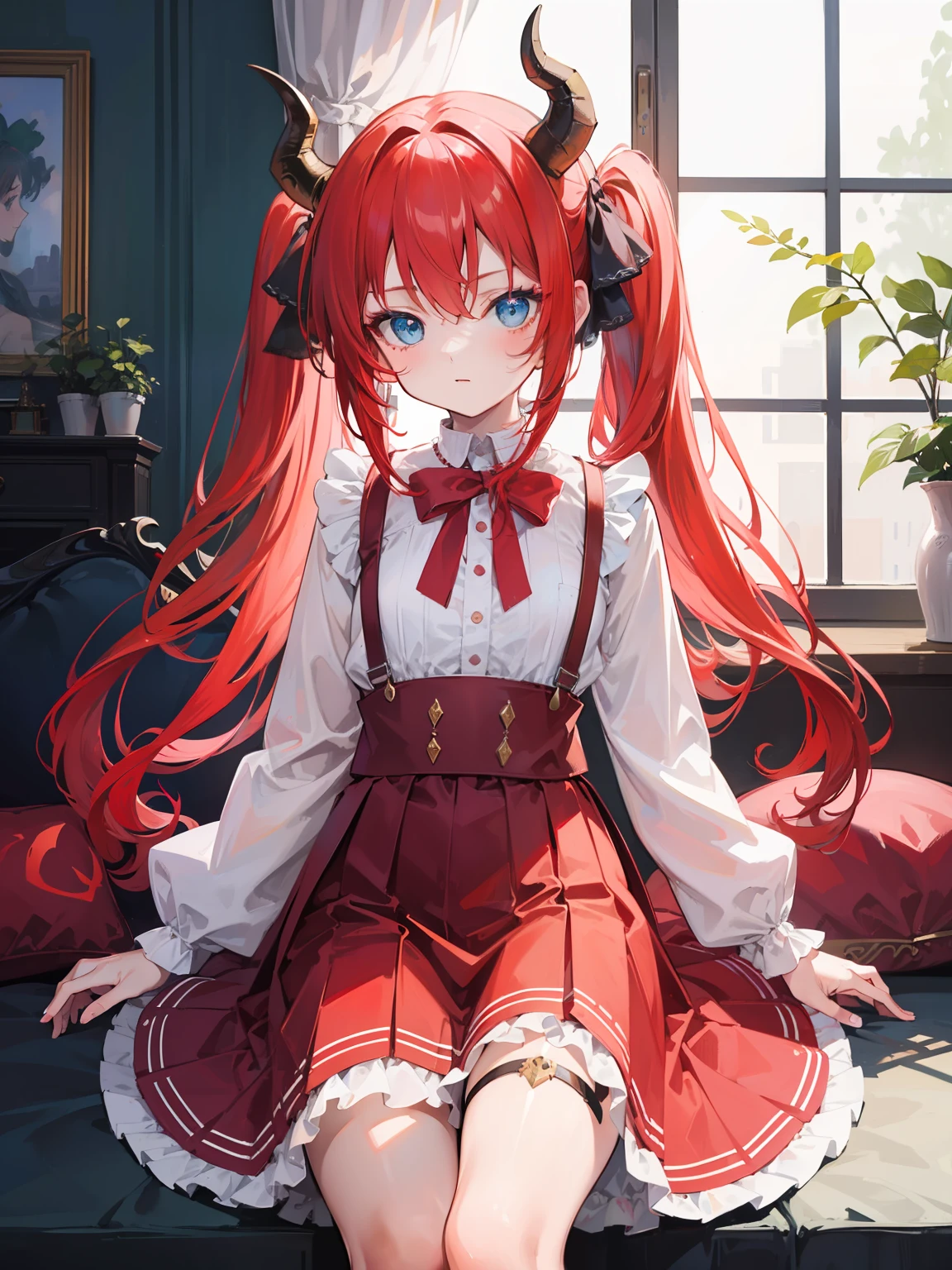 {{best quality}}, {{masterpiece}}, {{ultra-detailed}}, {illustration}, {detailed light}, red hair,blue eyes,twintails,lolita,Suspenders skirt,Fantastic,loli,solo,Dragon horns,little girl,long hair