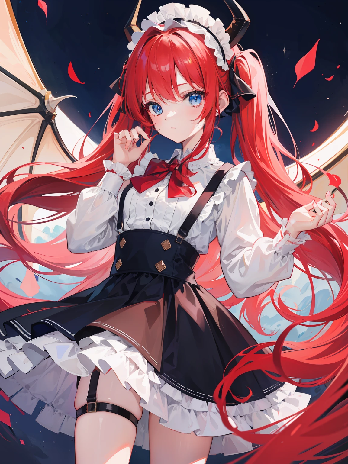 {{best quality}}, {{masterpiece}}, {{ultra-detailed}}, {illustration}, {detailed light}, red hair,blue eyes,twintails,ta,Suspenders skirt,Fantastic,lolio,Dragon horns,little gir