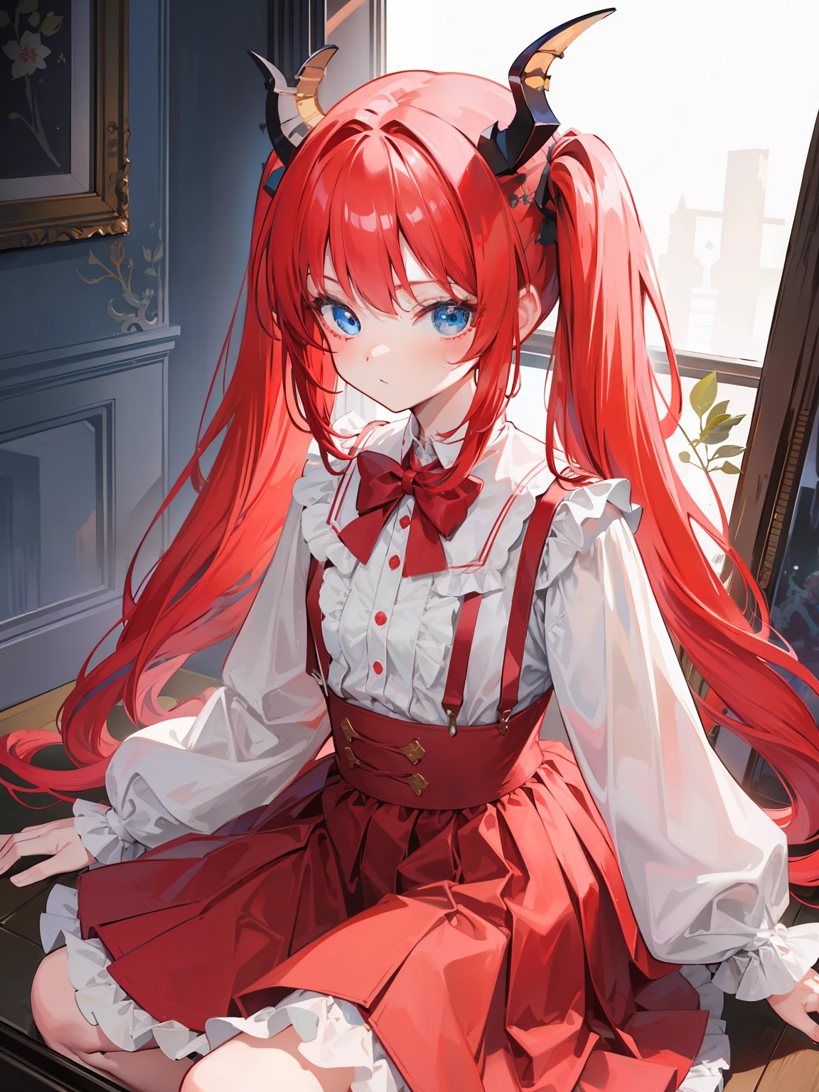 {{best quality}}, {{masterpiece}}, {{ultra-detailed}}, {illustration}, {detailed light}, red hair,blue eyes,twintails,lolita,Suspenders skirt,Fantastic,loli,solo,Dragon horns,little girl,long hair
