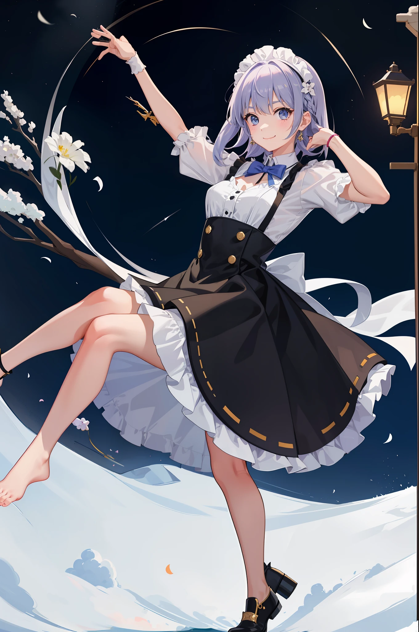 1girl in、A smile、A delightful、skirt by the、(small tits)Chilarism、doress、pinafore、Maids、hair adornments、Doing a dashing high kick、