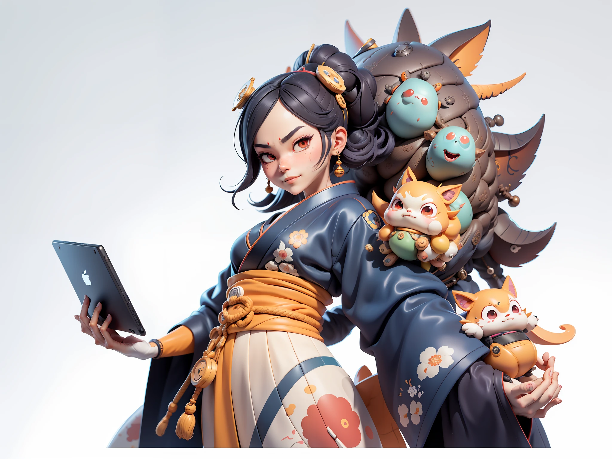 (Daisaku),(Need),(Super meticulous),(full bodyesbian:1.2),Japanese ukiyo-e girl,japanese geisha,Beautiful,Oriental dragon,Aeolian Thor,Raised sexy,爆乳,Oriental face,TV Anchor,Bust portrait illustration,Alone,In black suit,a blue tie,The face is slightly chubby,The face was clean,without a beard,Black super short hair,Black eyes,Smile confidently,3C computer sub-products,iPad, iphone,Digital painting,3D character design by Mark Clairen and Pixar and Hayao Miyazaki and Akira Toriyama,The illustration is a high-definition illustration in 4K resolution,With very detailed facial features and cartoon-style visuals。