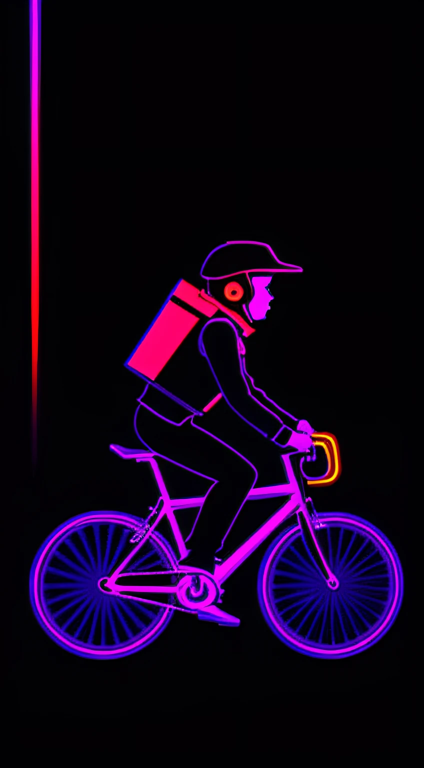 a young girl riding a bike with delivering packages, vectorized, synthwave, purple blue red orange, bright neon colors on a dark background, --auto