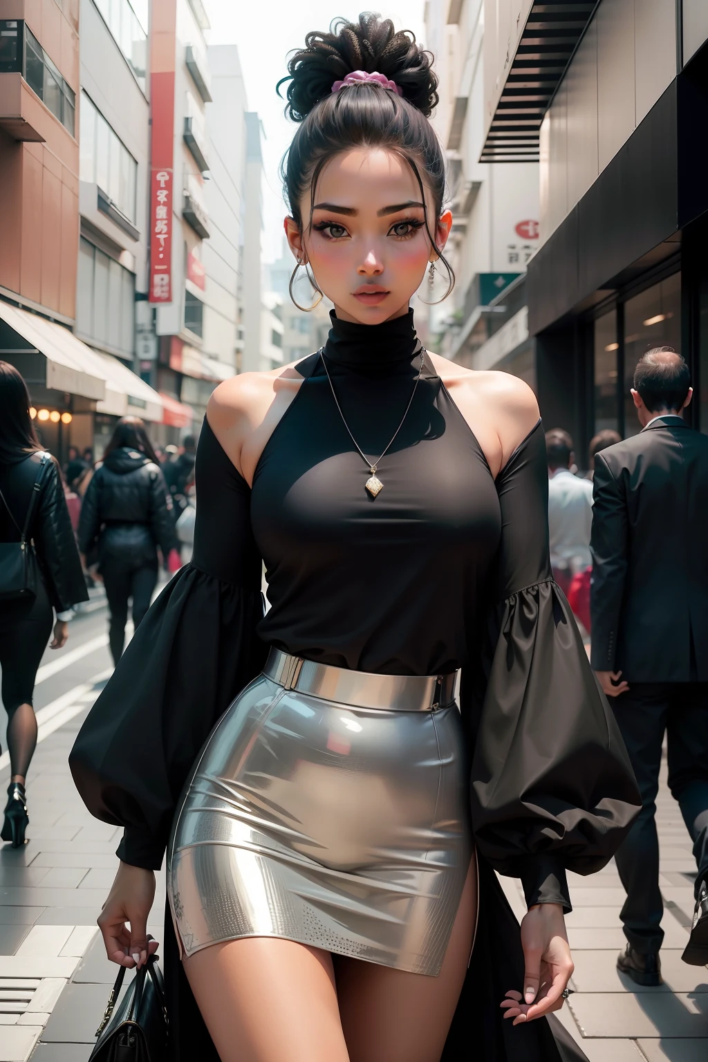 Imagine uma cena vibrante de Tokyo ao entardecer, onde uma modelo negra fashionista se destaca em um ambiente urbano chique. Describe this image bringing details about the unique style of this model, suas roupas elegantes e ousadas, seus cabelos longos e ondulados exuberantes e uma atitude confiante e poderosa que irradia do seu olhar. Let your imagination flow and create an image that celebrates the diversity and beauty of fashion.