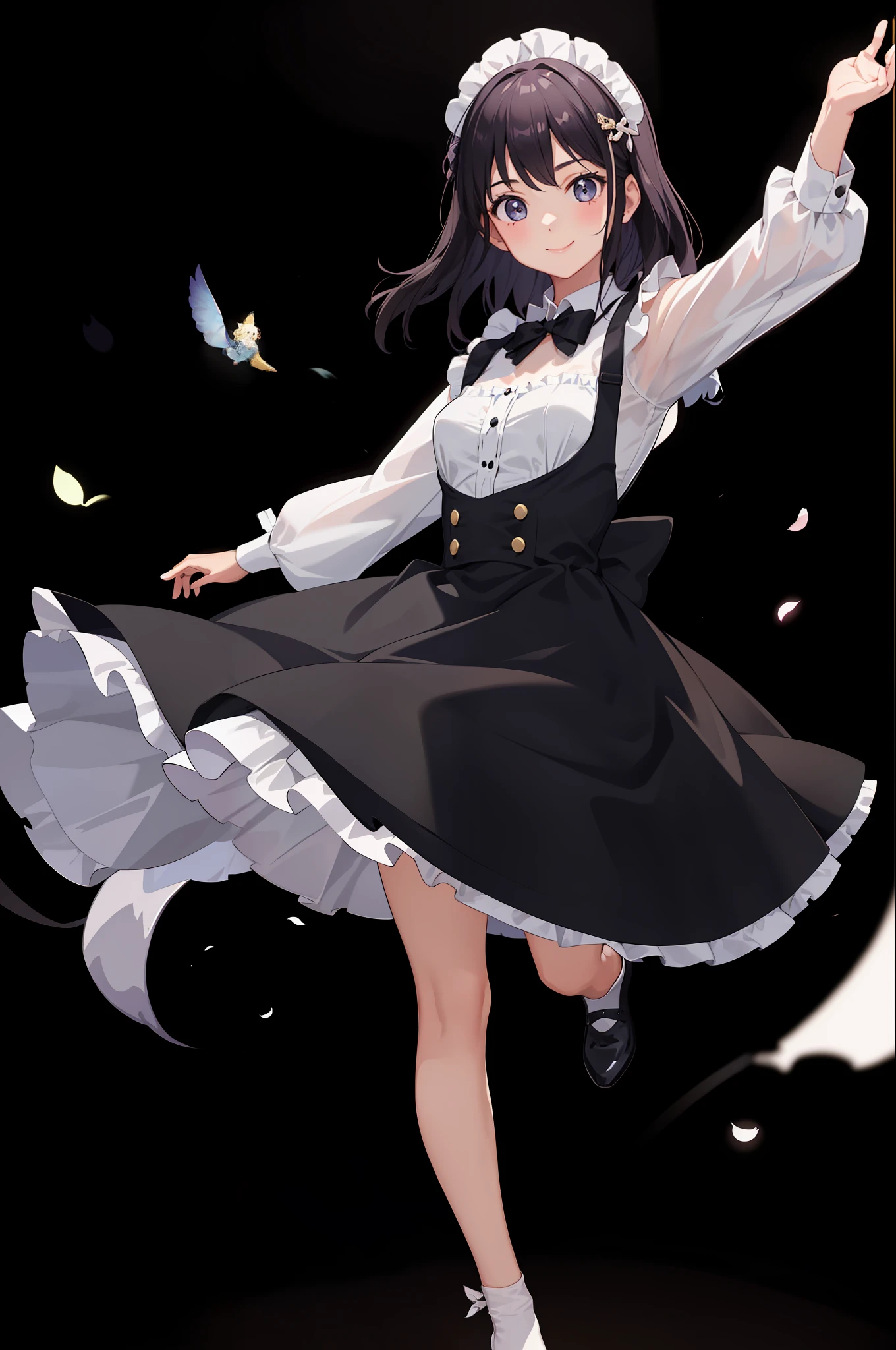 1girl in、A smile、A delightful、skirt by the、(small tits)Chilarism、doress、pinafore、Maids、hair adornments、Doing a dashing high kick、