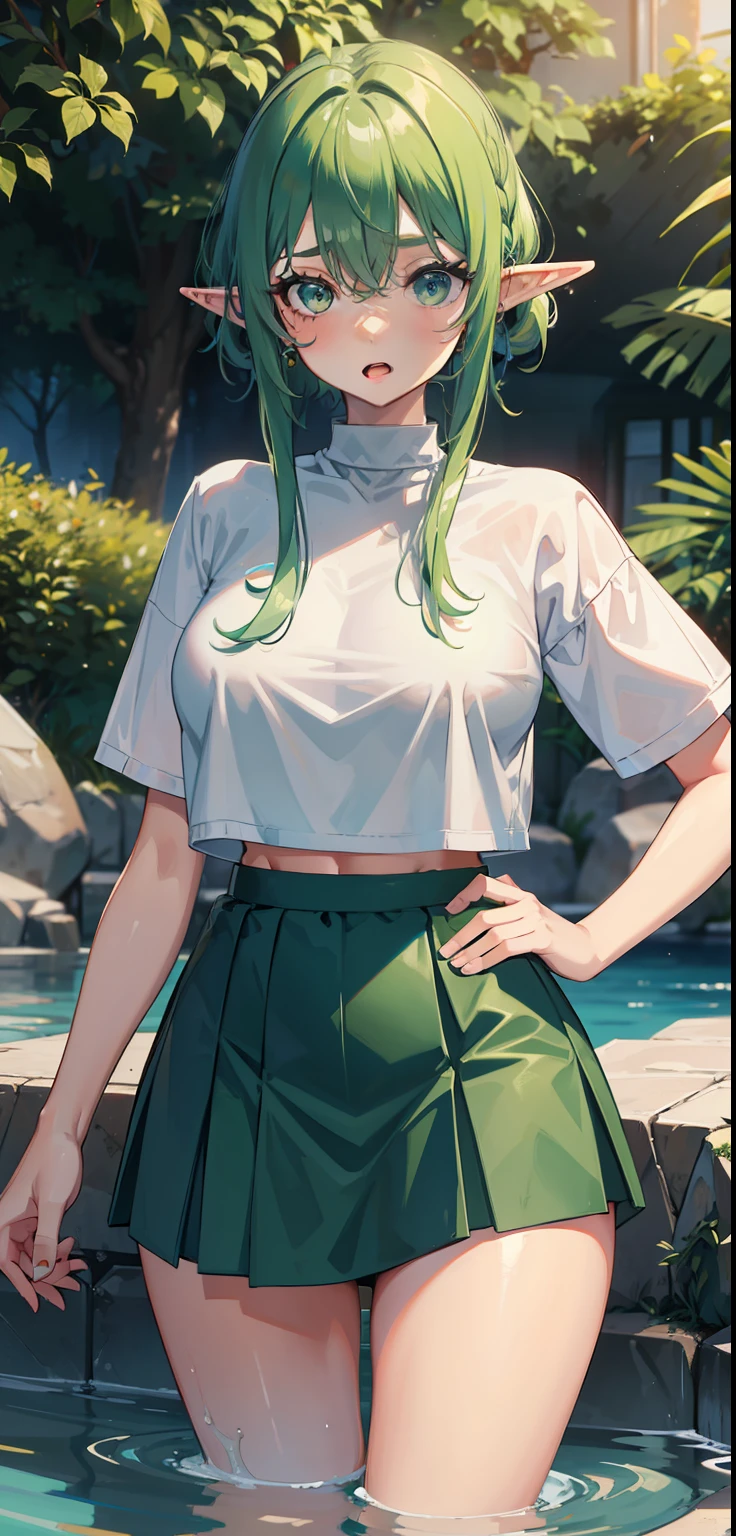 1 Girl, light green eyes, nose, elf ear, eyebrow, open mouth, big green hair, dyed nape blue, bangs, hair between eyes, Watery Big Eyes Sukumizu Wet Hair Hair Spread Out Ear Stud Swimming Pool, lora :add_detail, short tummy sweatshirt, short skirt, slim waist, tummy, big chest, thick legs, big thighs, standing