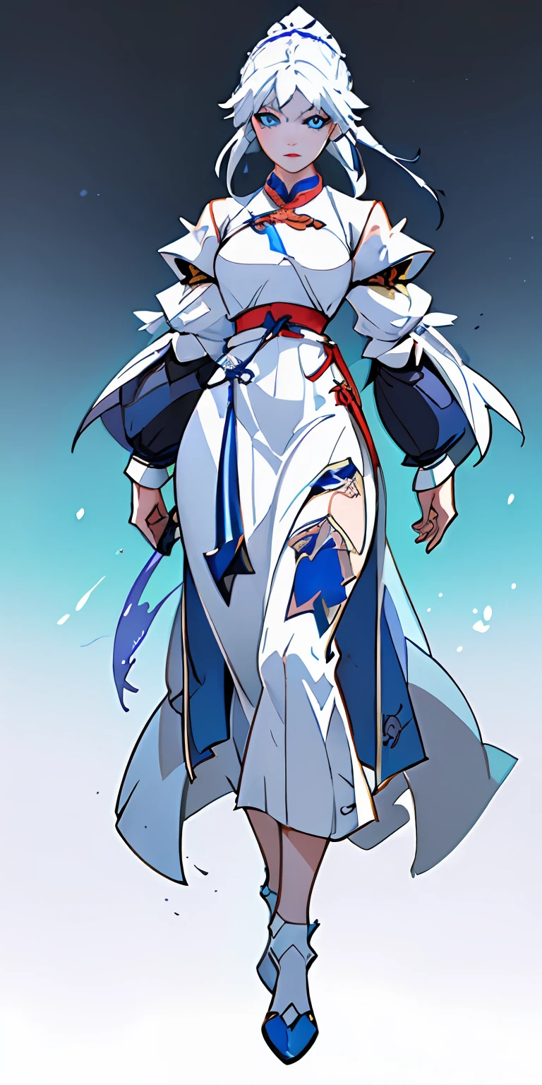 a close up of a woman in her 30's, with blue eyes and white hair, wearing a white and blue ball gown dress, a heroine in wuxia style, with blue eyes, martial artist holding a sword, standing in a chinese monastary, new costume concept design, in the style of blade and soul, full body character concept, detailed character design, inspired by Yang Jin, inspired by Li Mei-Shu, chinese costume, inspired by Lan Ying, inspired by Sim Sa-Jeong, inspired by Li Tang, lunar themed attire, costume with blue accents, inspired by Ju Lian, colored concept art, highly detailed character design, highly detailed face, inspired by Ai Xuan, very highly detailed face, unreal engine render, final fantasy 14 style, inspired by Leng Mei