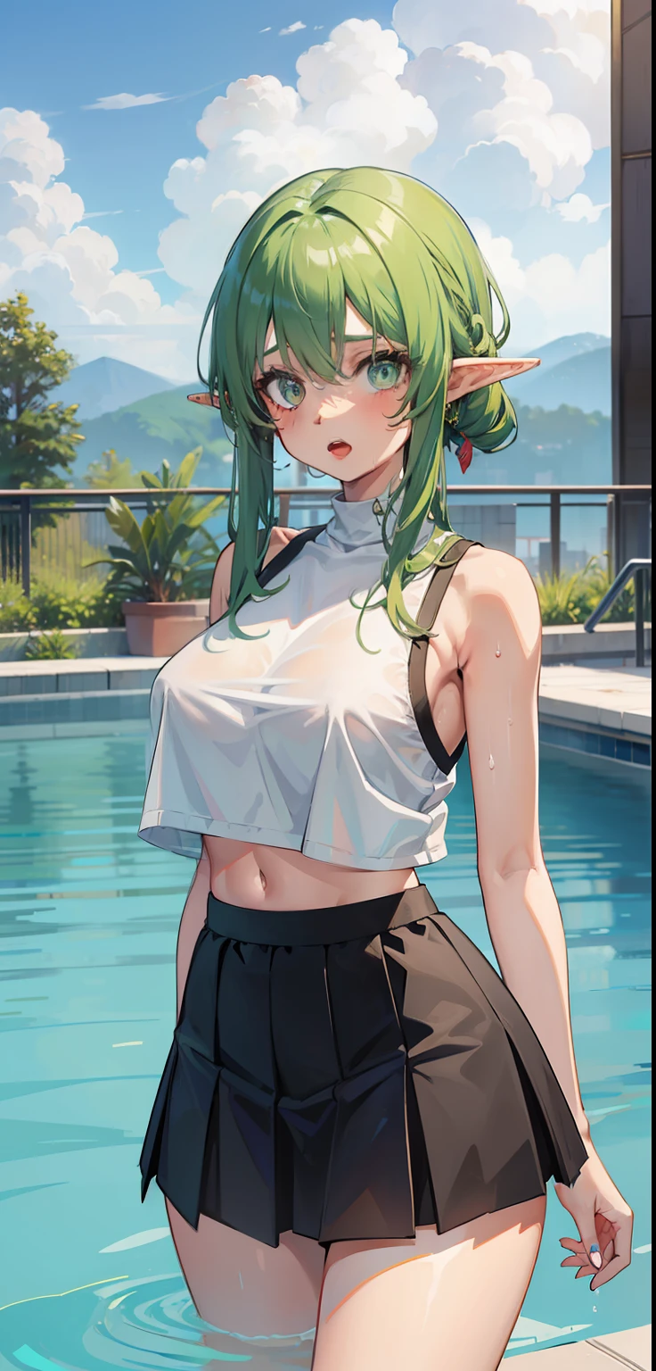 1 Girl, light green eyes, nose, elf ear, eyebrow, open mouth, big green hair, dyed nape blue, bangs, hair between eyes, Watery Big Eyes Sukumizu Wet Hair Hair Spread Out Ear Stud Swimming Pool, lora :add_detail, short tummy sweatshirt, short skirt, slim waist, tummy, big chest, thick legs, big thighs, standing