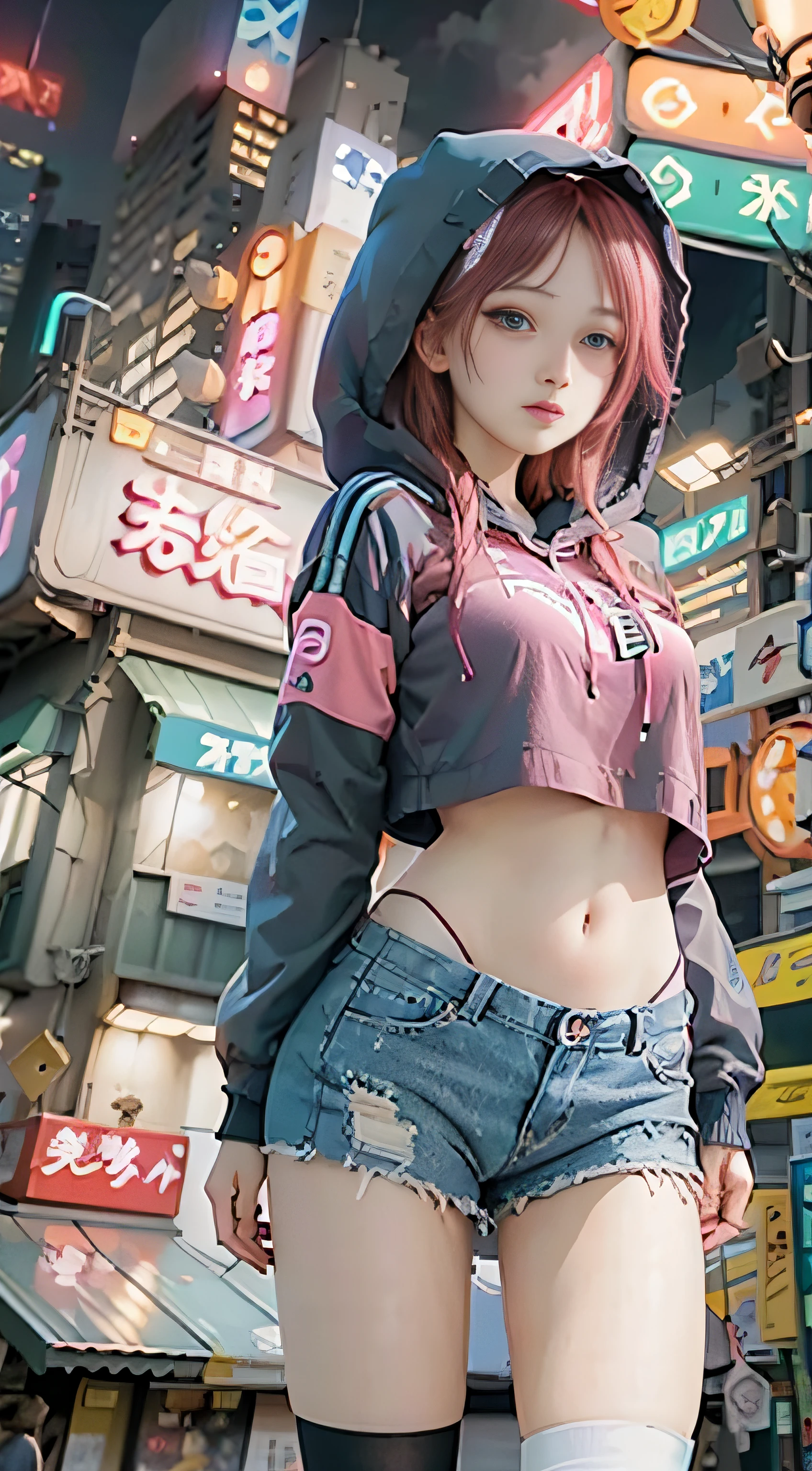 very low angle, full bodyesbian (8K, RAW photo, Highest quality, Masterpiece), High Detail RAW Color Photo Professional Close Photo, (Realism, Photo realism:1.4), (Highest quality), (Best shadow), (Best Illustration),Surreal face, Blue eyes, Neon pink girl with long red hair, Wear a short hoodie hood, Check plaid miniskirt,Lace panties Tight high socks, Tokyo at night, neonlight, Neon pink, neon blue, Neon lime green,