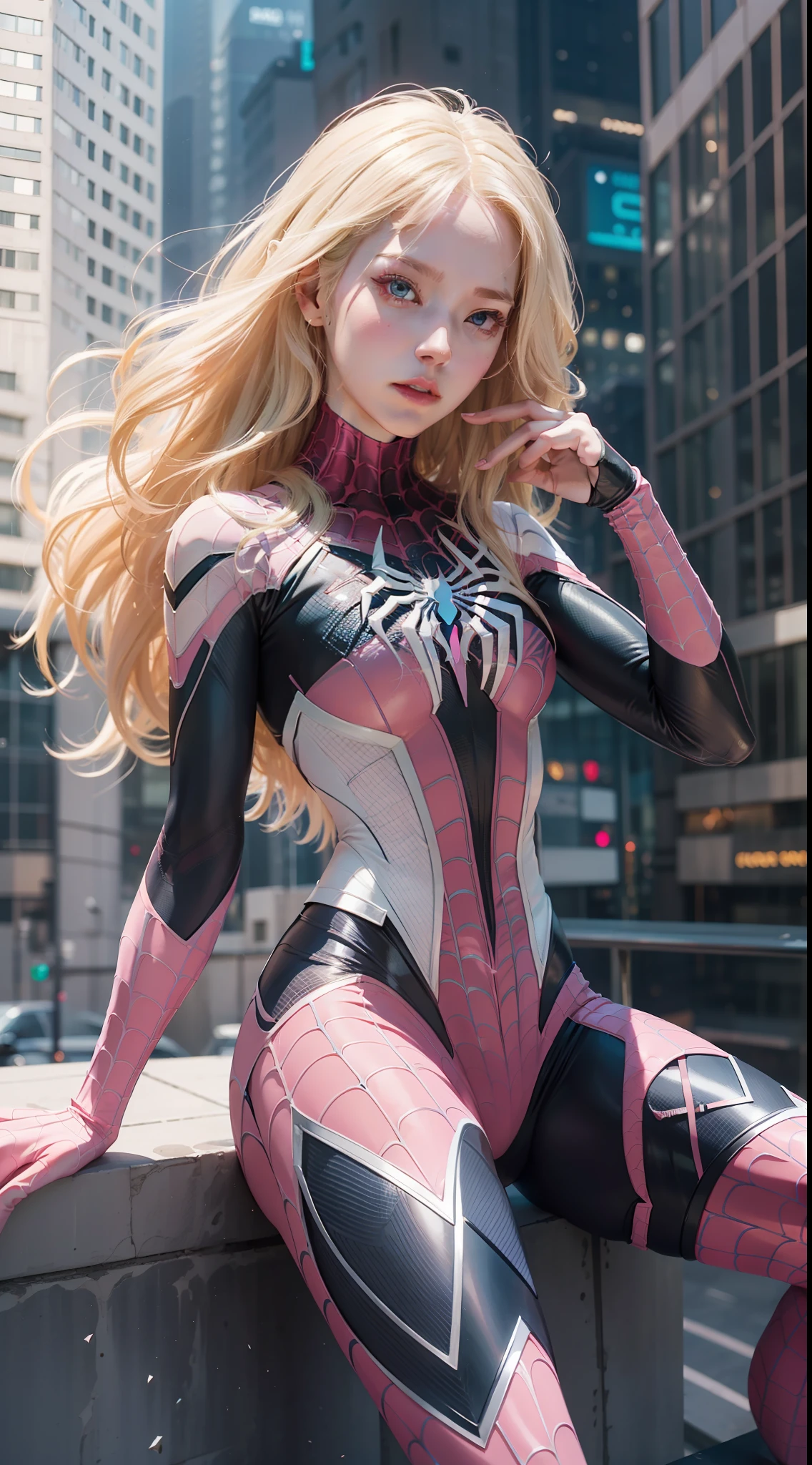 blond haired woman in a pink and white costume sitting on a ledge, ( ( spiderwoman ) ), cyber suit, gwen stacy, inspired by Yanjun Cheng, yanjun chengt, ross tran 8 k, realistic cosplay, spider - gwen, spider-gwen, spider gwen, cybersuit, futuristic style spiderman, perfect android girl, cybersuits