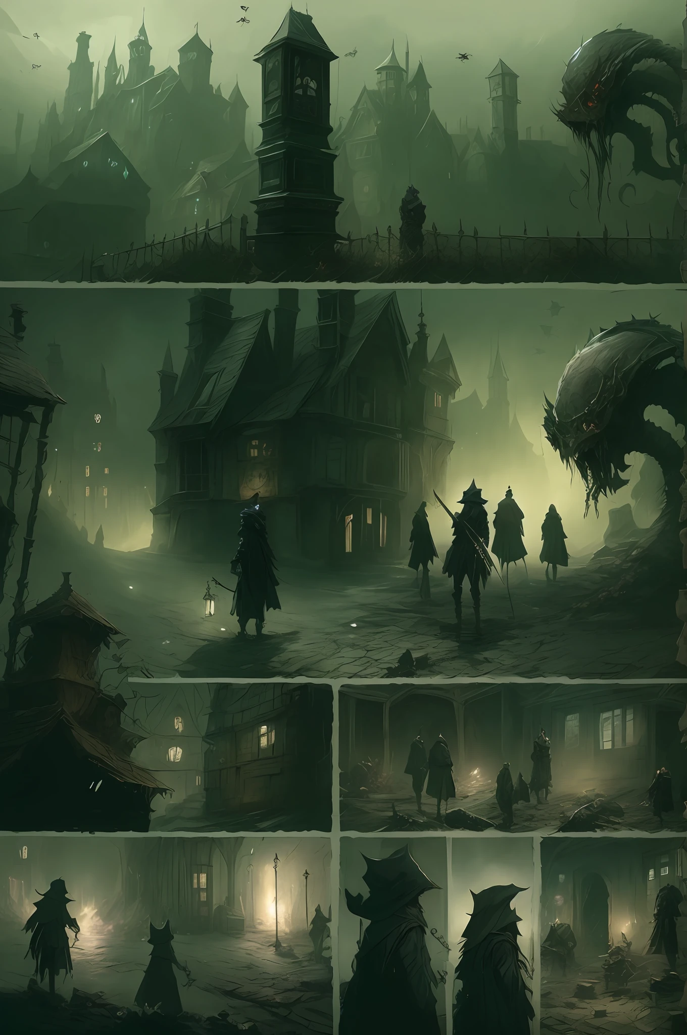 A bunch of pictures of a town with dragons and people, dark cinematic concept art, bloodborne concept art, eerie nostalgic concept art, dark fantasy concept art, bloodborne art, Lovecraftian atmosphere, published concept art, dark concept art, dark fantasy illustration, concept art for a video game, grimdark matte fantasy painting, detailed game art illustration