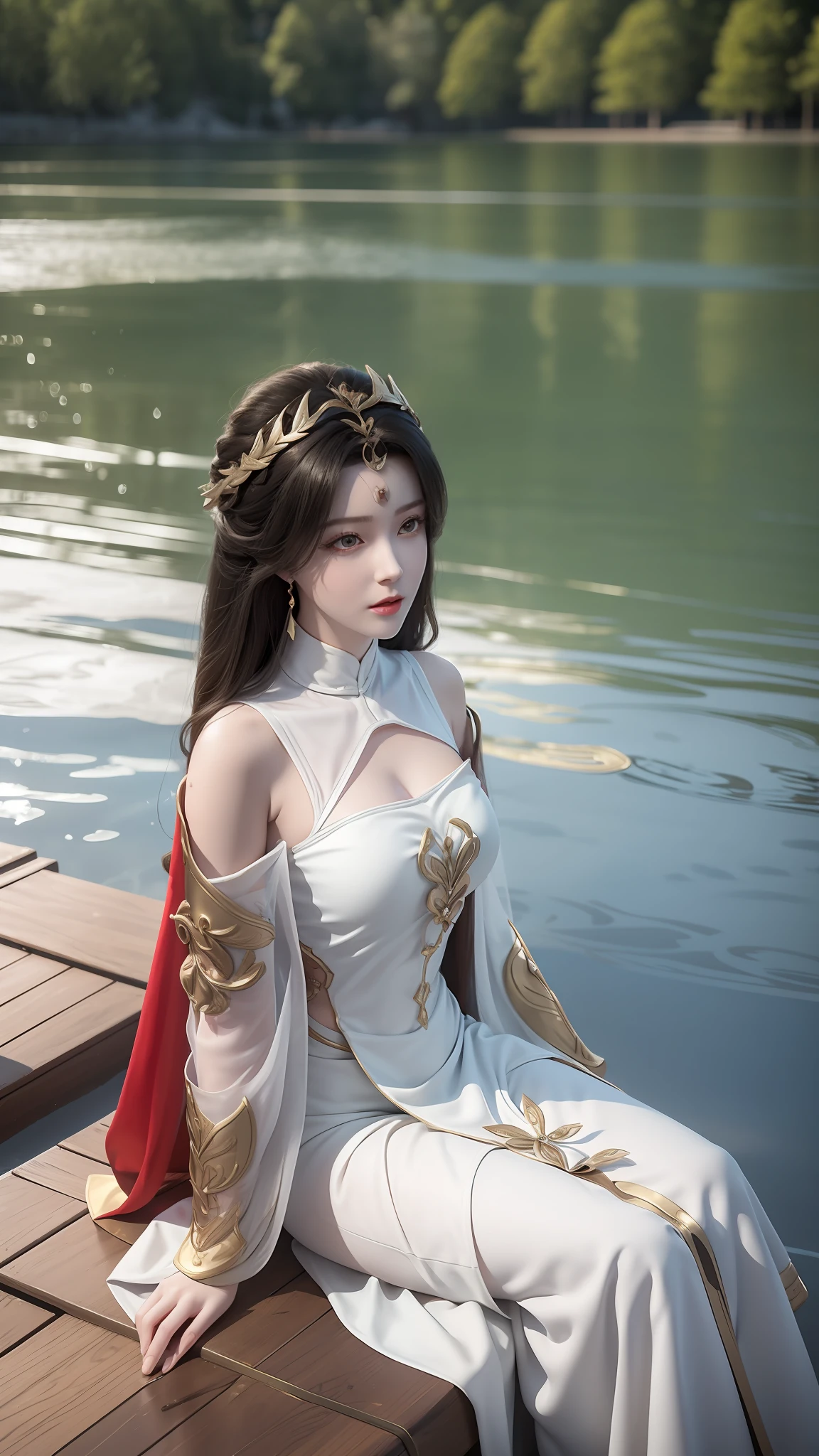 Arad woman in a red dress sitting on a dock by the lake, a photorealistic painting inspired by Du Qiong, Trend of CGsociety, Fantasy art, lady in red armor, wearing gilded red robes, beautiful and seductive anime woman, succubus in tight kilt, wearing gilded red royal robes, silver armor and red clothing, fantasyoutfit