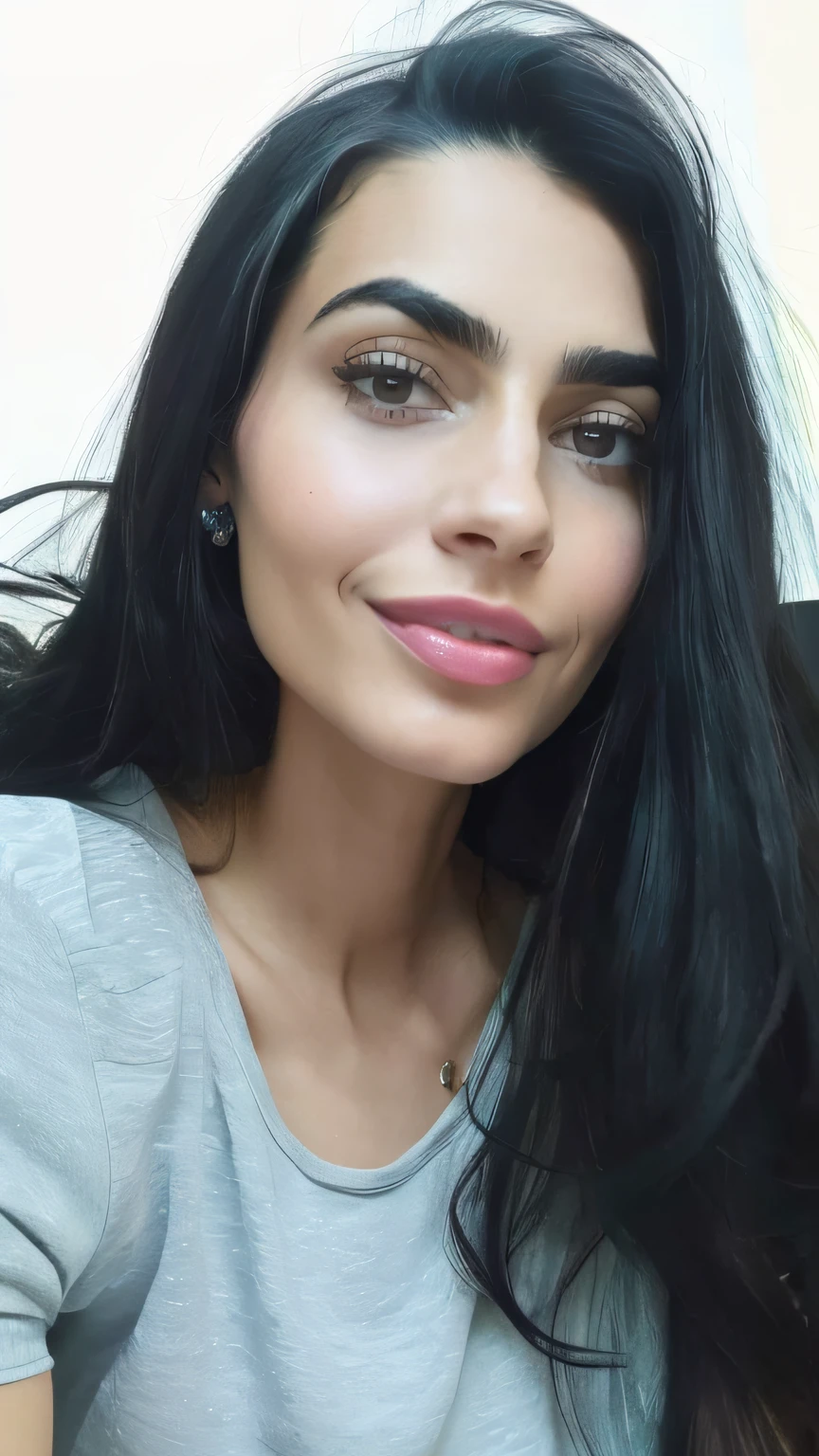 there is a woman with long black hair and a blue shirt, cara bonita, selfie de uma jovem mulher, with very thin lips, 3 0 anos de idade mulher, Mulher de 30 anos, rosto bonito, Cara Sexy, imagem de perfil, com cabelo preto liso, cerca de 3 5 anos, thick lips, foto portait foto de perfil
