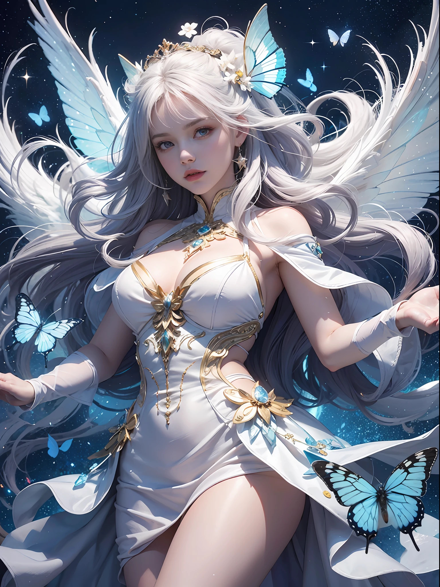 White hair , (((White luminous dress , White giant dress , Dress glitter , dress ))) ,Beautiful dance dynamics , Long legs , small thighs((Huge long white hair with glowing coat , Long flowing hair))offcial art , Unity8k wallpaper , Ultra detailed , Beautiful and beautiful , Masterpiece , Best quality ,Realistic((Huge long white hair with glowing coat , ))Masterpiece , Best quality , Ultra-detailed , very detailed illustration ,Extremely detailed , Intricate details , .White luminous dress , White giant dress , Dress sequins , Dress made of aurora , ultra intricately detailed , Extremely detailed 8KCG wallpaper , Cowboy shot , Caustics .Reflection , Ray tracing , Demon Theme ,Starcloud ,Dark aura, cyber effect , (1girll:1.4)Solo , Little blue butterfly , Surrounded by dozens of monarch butterflies , Huge long white hair shiny quilt hair , (Blue plasma flame , (insect , Butterflies))Long blue crystal dress , There are butterflies on the huge skirt , .Holy Light Butterfly Angel , butterfly wings , in the style of rococo pastel hues ,Light white and light dark red , unbelievable beautiful , Cherry blossoms , sparkling water reflections , Soyuz , Flowing , Surreal ,Painting , Ethereal , Elsa Bleda , stockphoto, Mixed reality and fantasy elements ,vray tracing , Intricate patterns , delicated lines , made of crystals , Refine your hands ,Refine your hands , Refine your hands, Starry , Colorful , stars , (sharp focus on face) , (foreshortening:1.1 slightly_above:0.3 , fish eye:1.1)