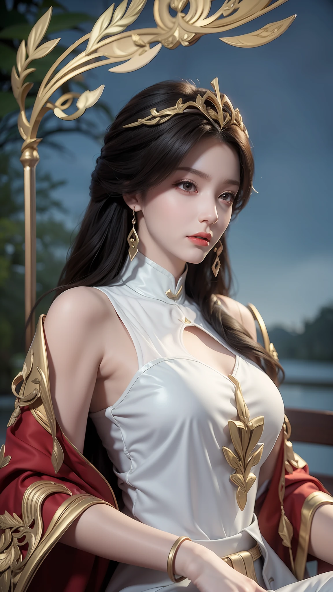 The Araved woman in a red dress sits on a red bench by the water, a photorealistic painting inspired by Magali Villeneuve, cgsociety contest winner, Fantasy art, wearing gilded red robes, lady in red armor, wearing gilded red royal robes, Gorgeous Role Play, scarlet witch costume, wearing red sorcerer's robes, Red robe, aly fell and artgerm