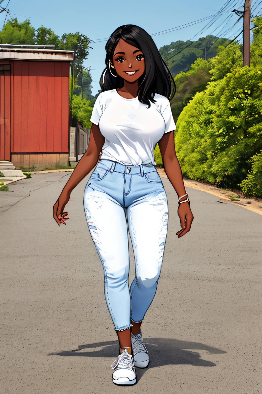 Crie uma imagem de uma mulher negra sorrindo caminhando pela rua movimentada, Exuding confidence and natural beauty, while wearing jeans, white T-shirt and sneakers that underscore her femininity and elegance;, acuarela