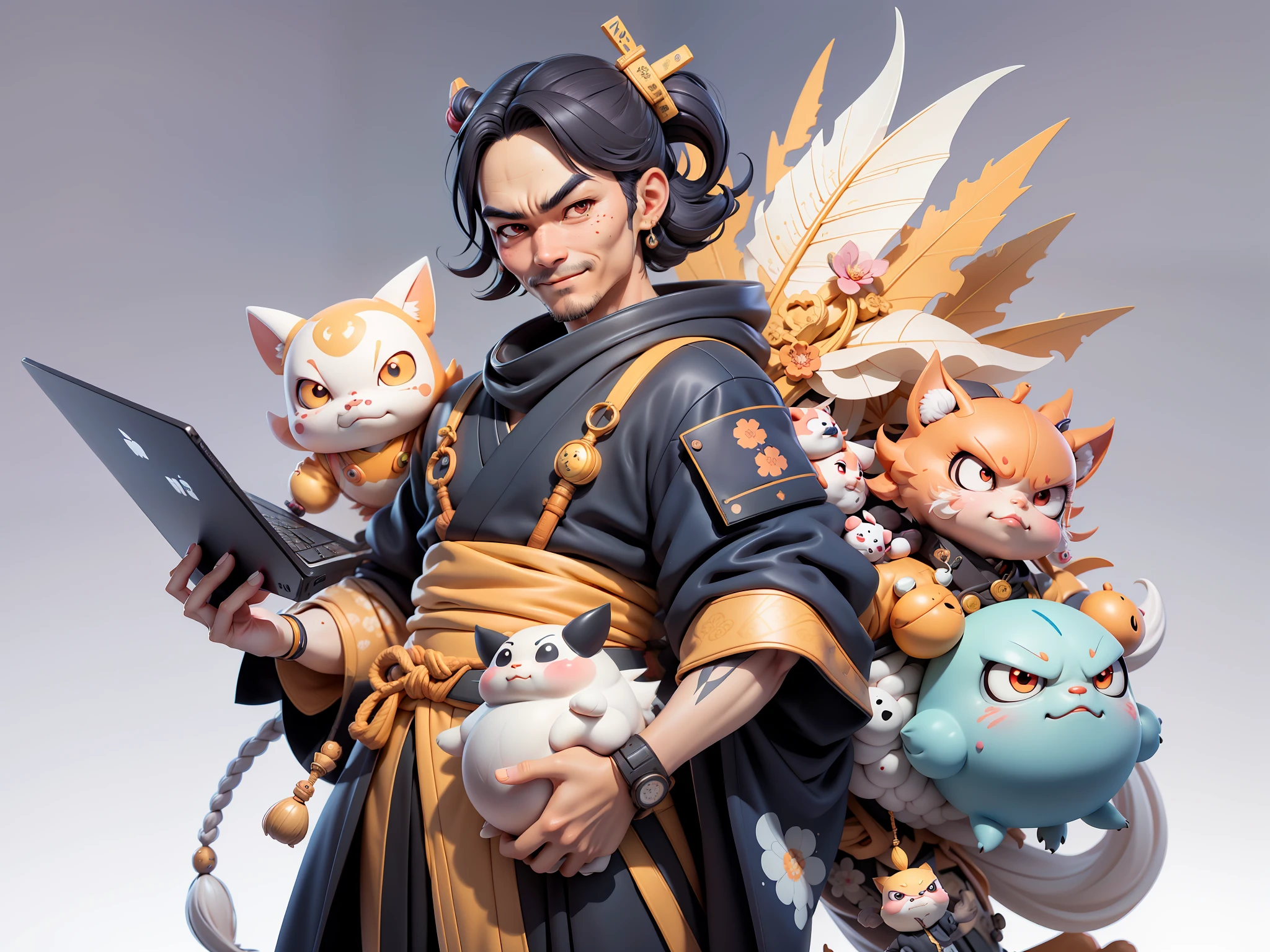(Daisaku),(Need),(Super meticulous),(full bodyesbian:1.2),Japanese ukiyo-e girl,japanese geisha,Beautiful,Oriental dragon,Aeolian Thor,Raised sexy,爆乳,Oriental face,TV Anchor,Bust portrait illustration,Alone,In black suit,a blue tie,The face is slightly chubby,The face was clean,without a beard,Black super short hair,Black eyes,Smile confidently,3C computer sub-products,iPad, iphone,Digital painting,3D character design by Mark Clairen and Pixar and Hayao Miyazaki and Akira Toriyama,The illustration is a high-definition illustration in 4K resolution,With very detailed facial features and cartoon-style visuals。