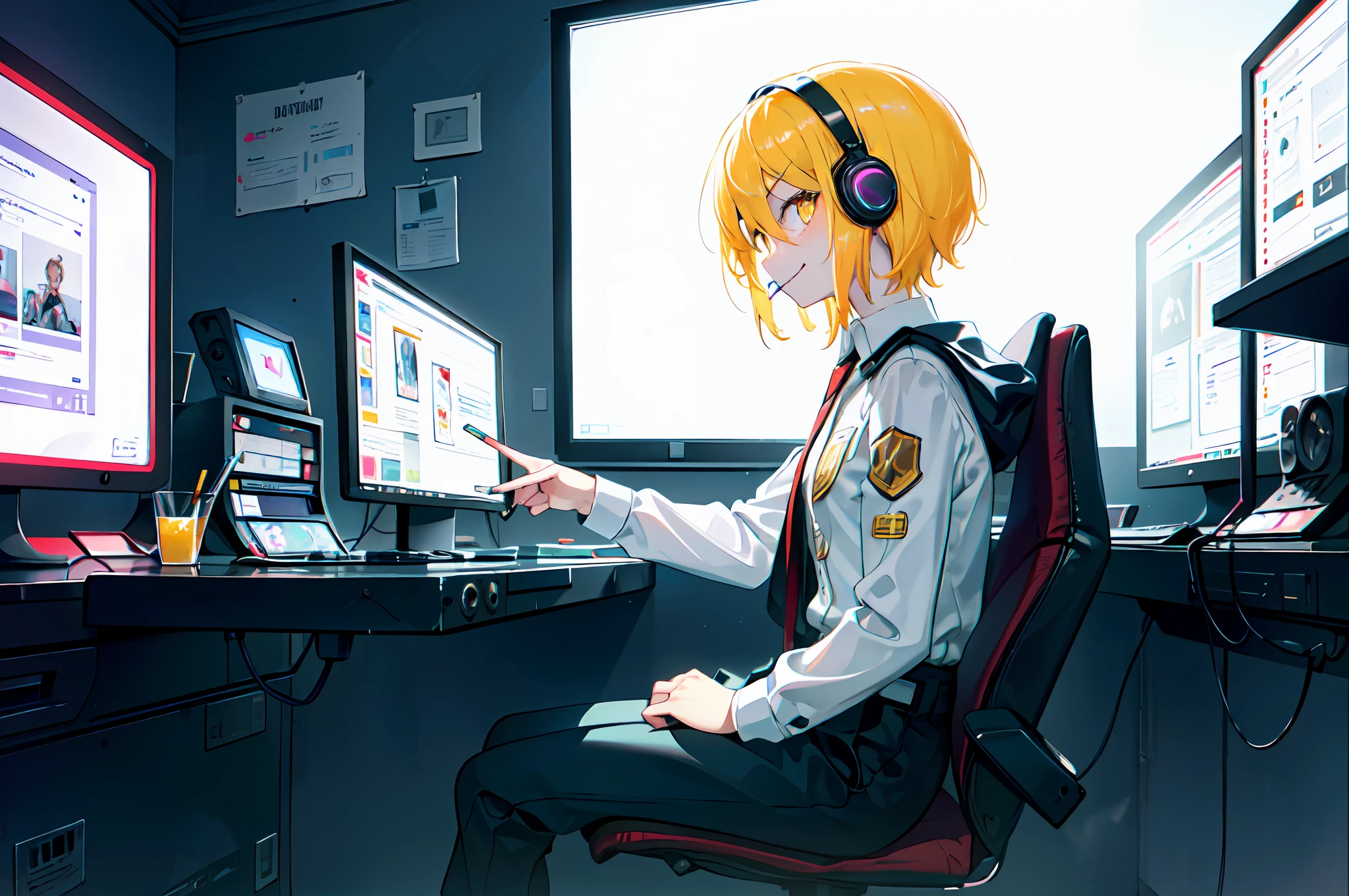((Best quality)), ((masterpiece)), (highly detailed:1.3), 3D,NeonNoir, one girl, solo, small chest, black office pants, side view, beautiful cyberpunk girl, girl is looking in computer, sitting, lollipop in mouth, (wearing head-mounted display that is chunky and hi-tech:1.2),wearing a cape, girl with blonde gair and golden eyes, smug smirk, hacking a computer terminal,PURPLE NEON LIGHT FROM MONITOR, GREEN NEON SIGNS ON THE WALL,