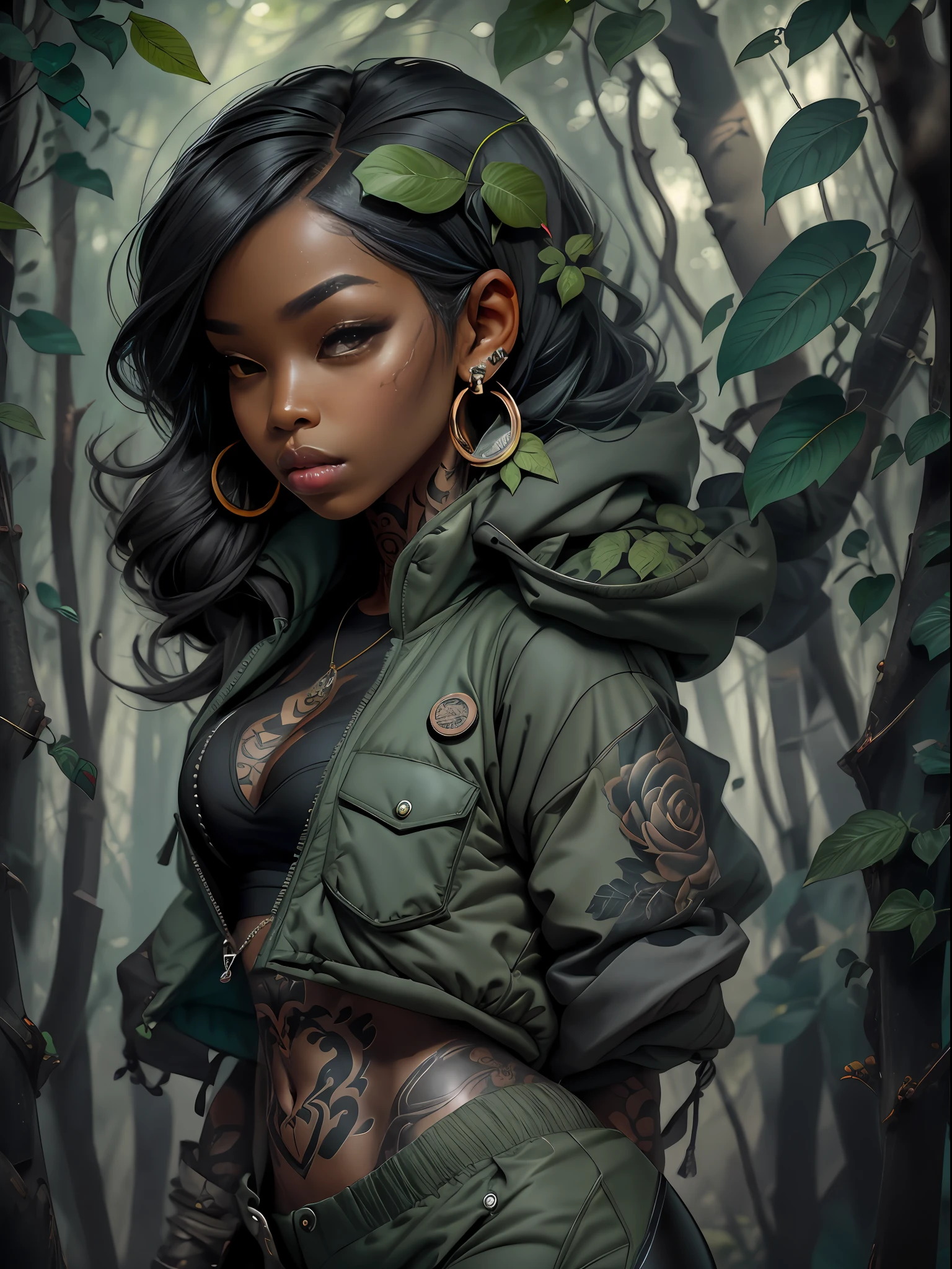 (black woman), sexy, tattoos, (power puffer clothes: 1.2), forest, leaves, mist, lines, background circles