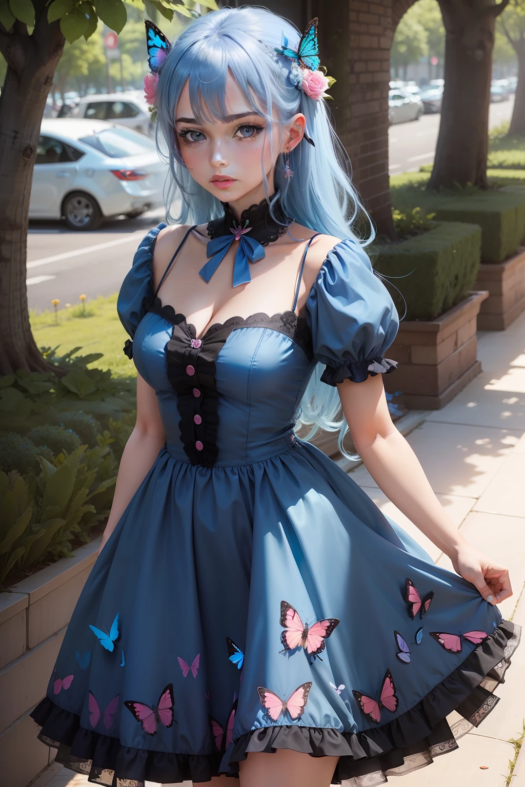 a women, blue butterfly, blue hair, pink eyes, blue dress