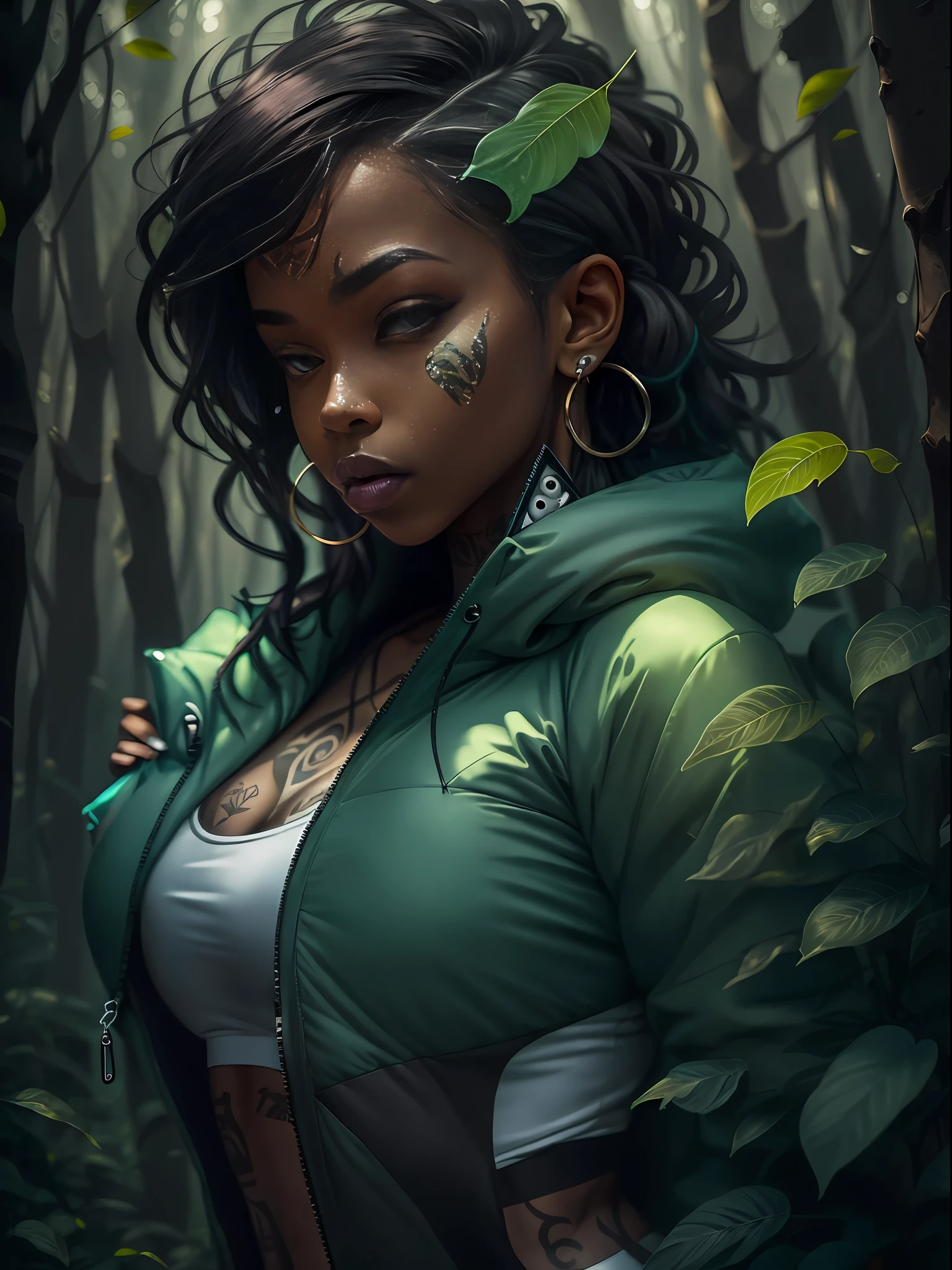 (black woman), sexy, tattoos, (power puffer clothes: 1.2), forest, leaves, mist, lines, background circles