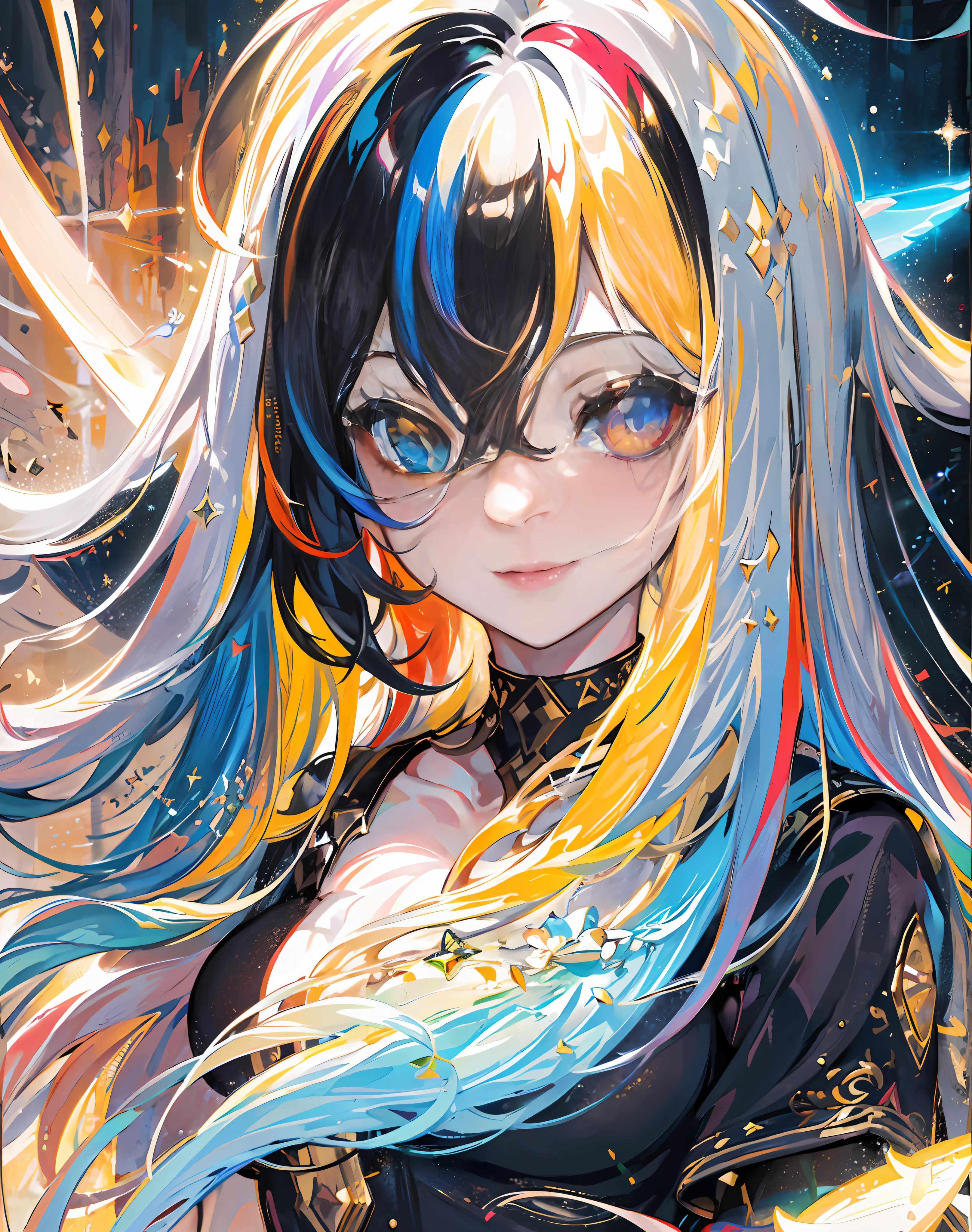 {{masterpiece}}, best quality, cinematic lighting, lens flare, medium breasts, beautiful detail eyes, multicolor hair, colorful light particles, heterochromia, (colorful:1.5), (colorful hair:1.5),