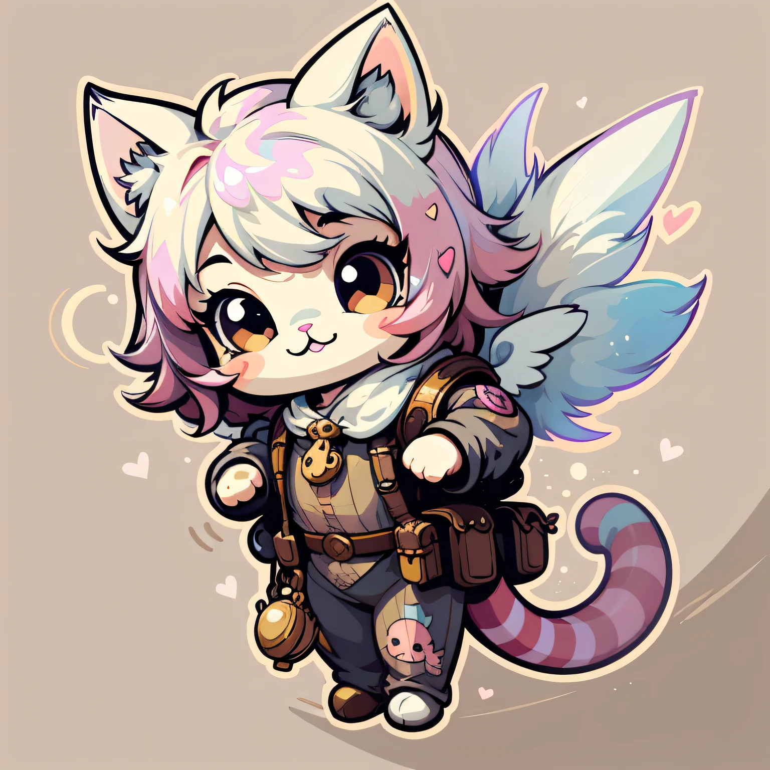 Steampunk pale pink cat、Angel wings、Cute cartoon stickers. Vector art style.