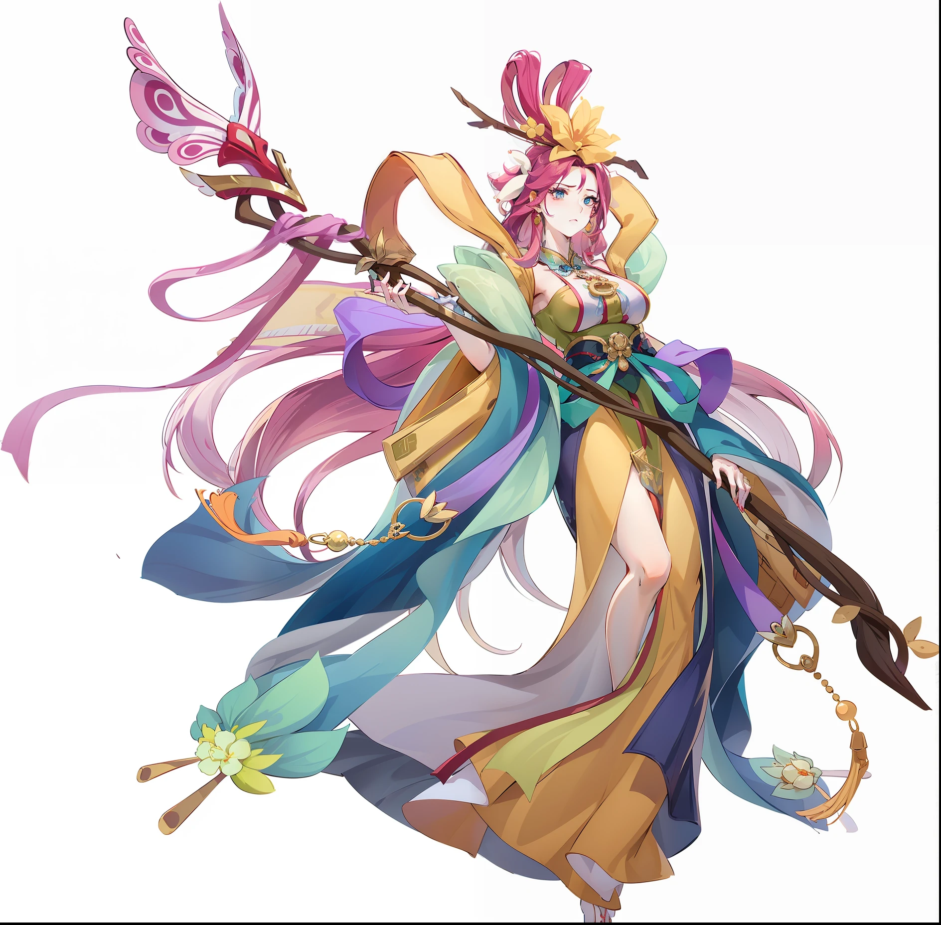 greene eyes，Danfeng Eyes，A resolute look，pretty  face，Cherry small mouth，sideface，Beautiful female， Two-dimensional beauty，xiaocj，Long flowing rose-red hair， Romance of the Three Kingdoms， Ancient Chinese clothing， wind blown， Flowing hair，Facing the lens， Charming eyes， long whitr hair， Gradient hair， ， long whitr hair， Solitude， Ray traching， reflective light， depth of fields， closeup cleavage， Close-up Shot Shot， tmasterpiece，，fov，F1.8，tmasterpiece， best qualtiy， high detal， Ultra high quality，Hyper-detailing，Perfect drawing，CG，3D，8K，illustratio，high qulity， ccurate， ctextured skin， hyper HD，A fairy with an artifact in her hand。Her skirt shimmered with an indescribable mystery。。She is tall，curvy build，with a gentle smile on his face，But there is a sense of mystery and nobility。 Her eyes were deep and full of wisdom，It seems to store all the wisdom of the world。Her voice is soft and infectious，It's like there's a magic，It resonated strongly with those who heard her words。。 Her aura is powerful and mysterious，It was as if there were countless mysterious spells shrouding everyone。。。。。。Her appearance brought everyone to a standstill，Don't dare to act rashly。The breath emanating from her is unforgettable，It was as if it was deeply rooted in my heart in an instant。 Her presence evokes a sense of mystery and admiration，It was as if she possessed a mysterious power and extraordinary wisdom unlike any other。。。。。Everyone couldn't resist her attraction，Involuntarily willing to be led forward by her。Her presence makes people feel that the meaning of life is being redefined。