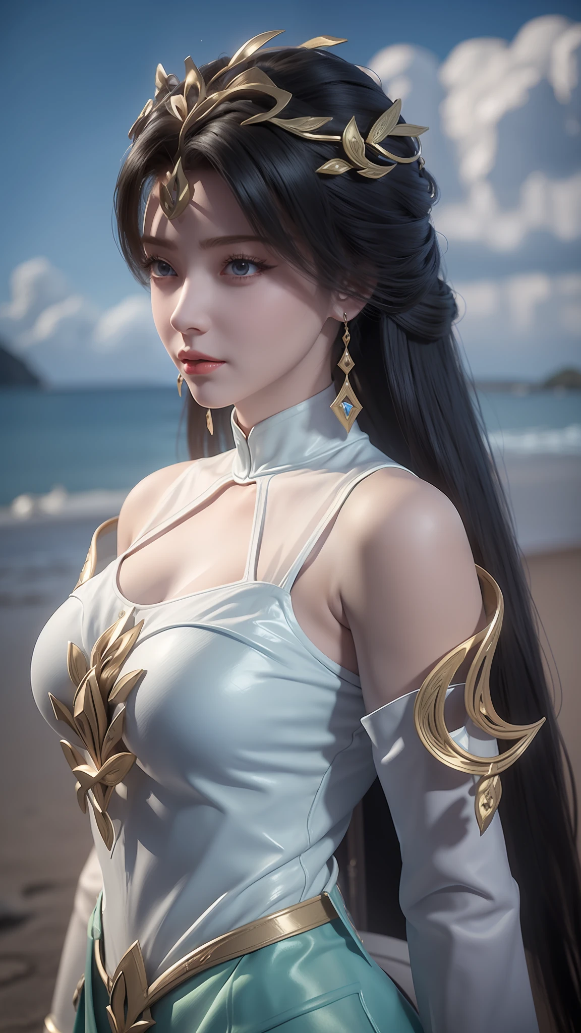 Arad woman in blue dress and white shirt walking on the beach, photorealistic anime girl rendering, render of a cute 3d anime girl, 3 D rendering character art 8 K, realistic fantasy rendering, Costume with blue accents, wearing fantasy clothing, fantasyoutfit, fantasy style clothing, hyper-detailed fantasy character, stuning fantasy 3 d render