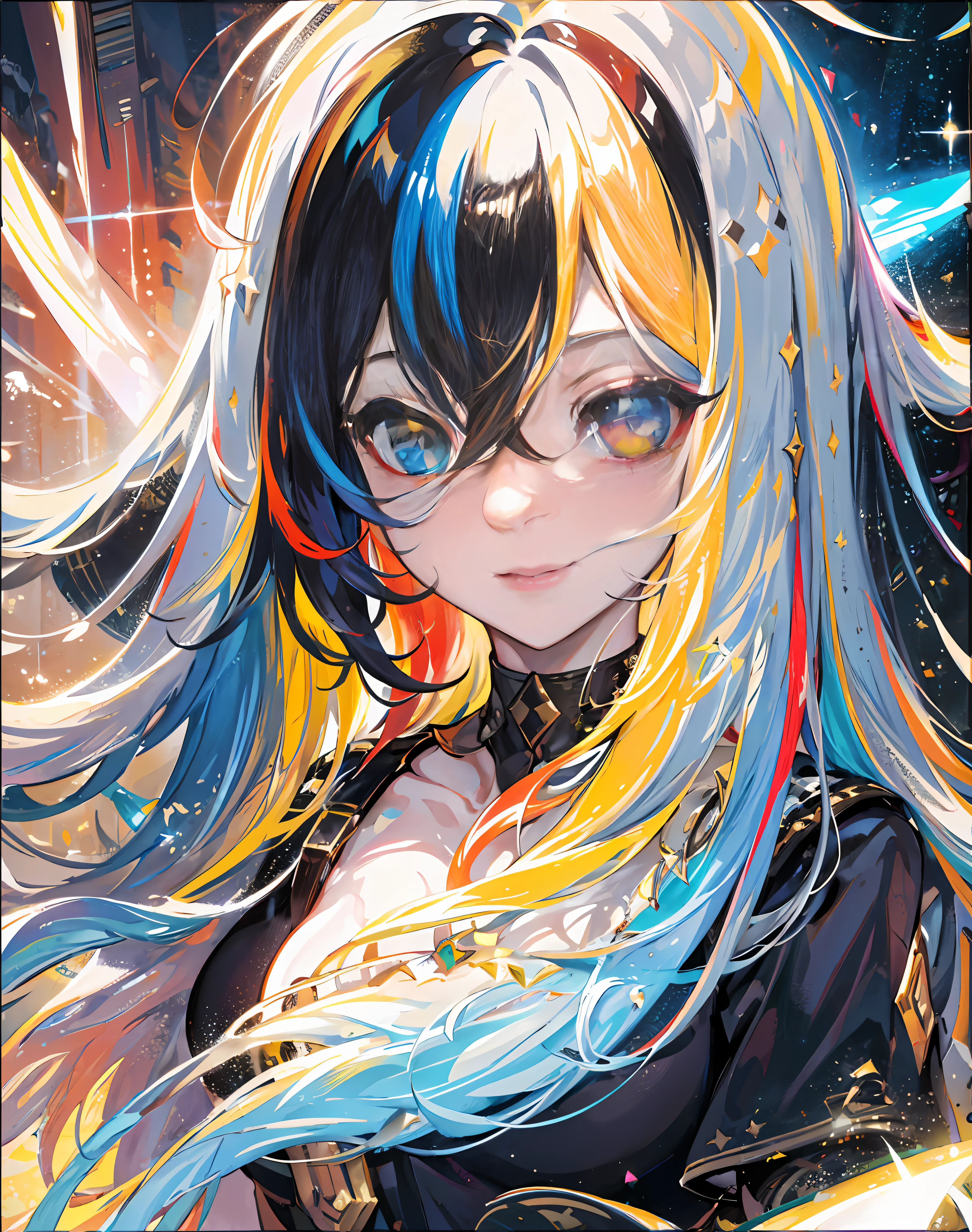 {{masterpiece}}, best quality, cinematic lighting, lens flare, medium breasts, beautiful detail eyes, multicolor hair, colorful light particles, heterochromia, (colorful:1.5), (colorful hair:1.5),