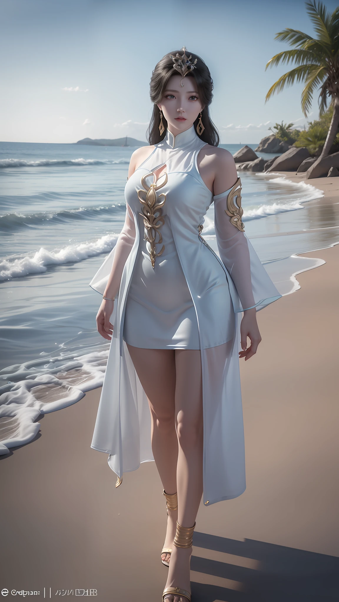 Arad woman in blue dress and white shirt walking on the beach, photorealistic anime girl rendering, render of a cute 3d anime girl, 3 D rendering character art 8 K, realistic fantasy rendering, Costume with blue accents, wearing fantasy clothing, fantasyoutfit, fantasy style clothing, hyper-detailed fantasy character, stuning fantasy 3 d render