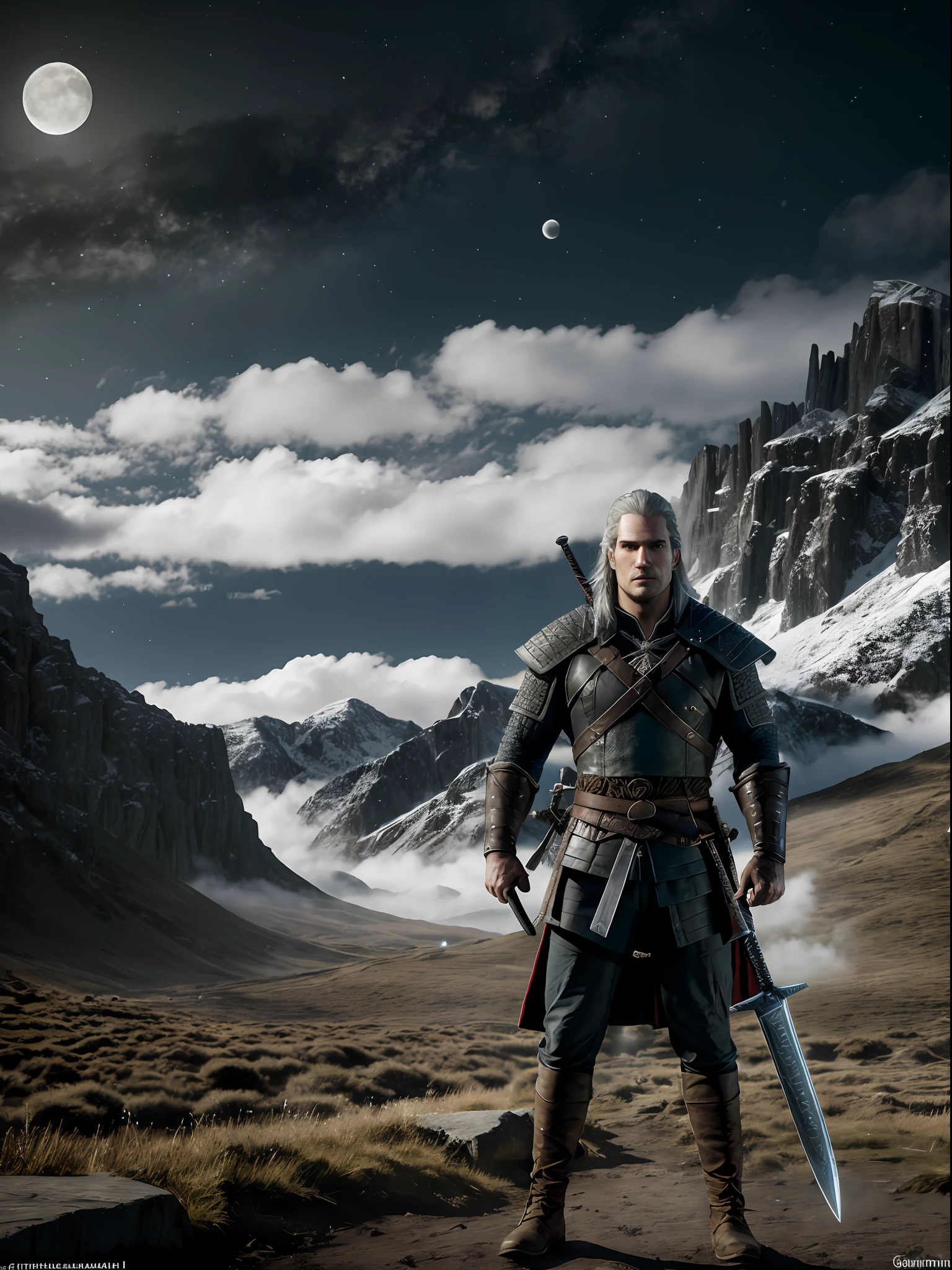 a realistic photo, swordsman (the switcher, Geralt, Henry Cavill), clearly face, rich detail, viking style, standing in on the left, pointing to the moon on the right, 1/2 moon, bright night, winter mountain, 4k, hdr, landscapes