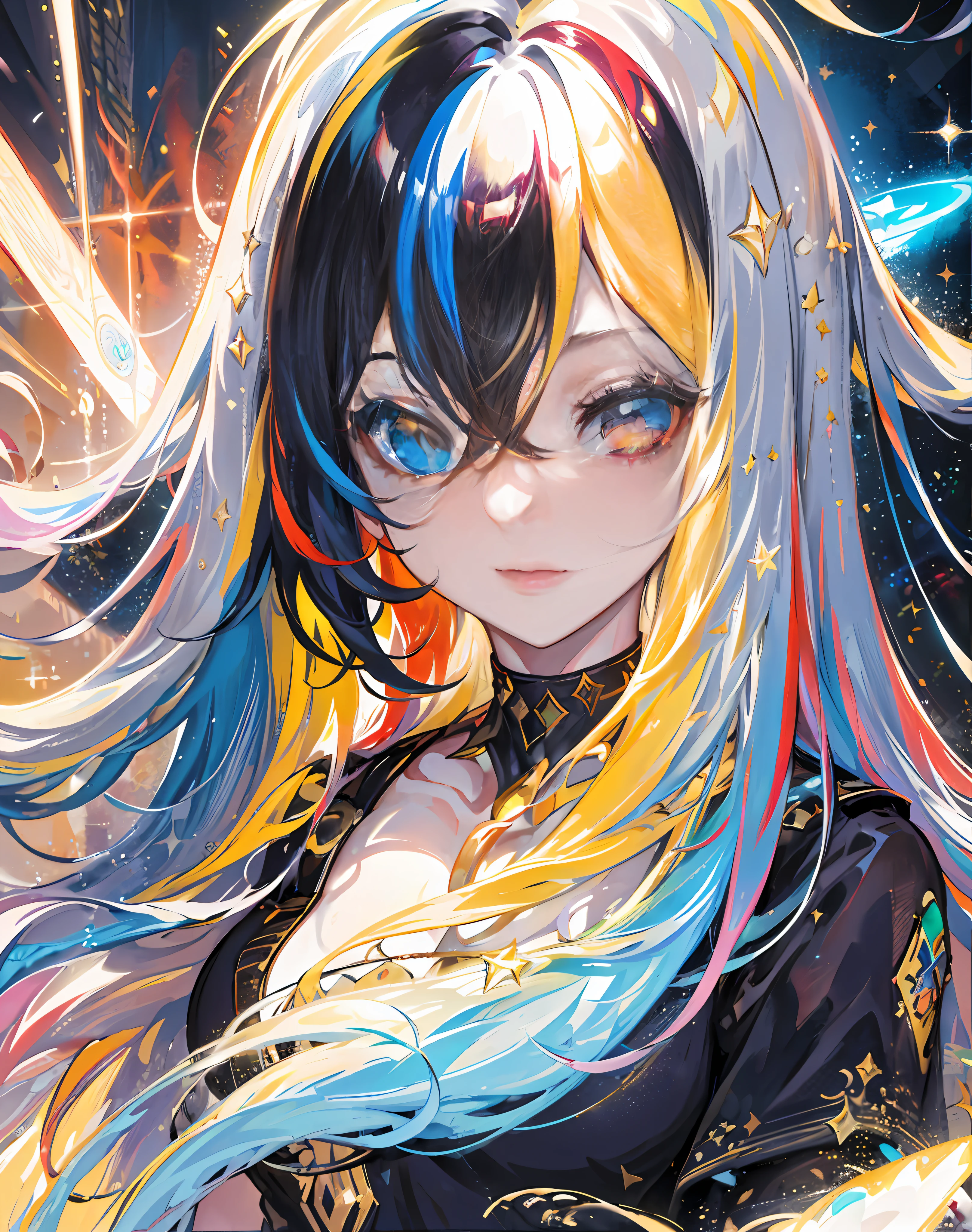 {{masterpiece}}, best quality, cinematic lighting, lens flare, medium breasts, beautiful detail eyes,  multicolor hair, colorful light particles, heterochromia, (colorful:1.5), (colorful hair:1.5),