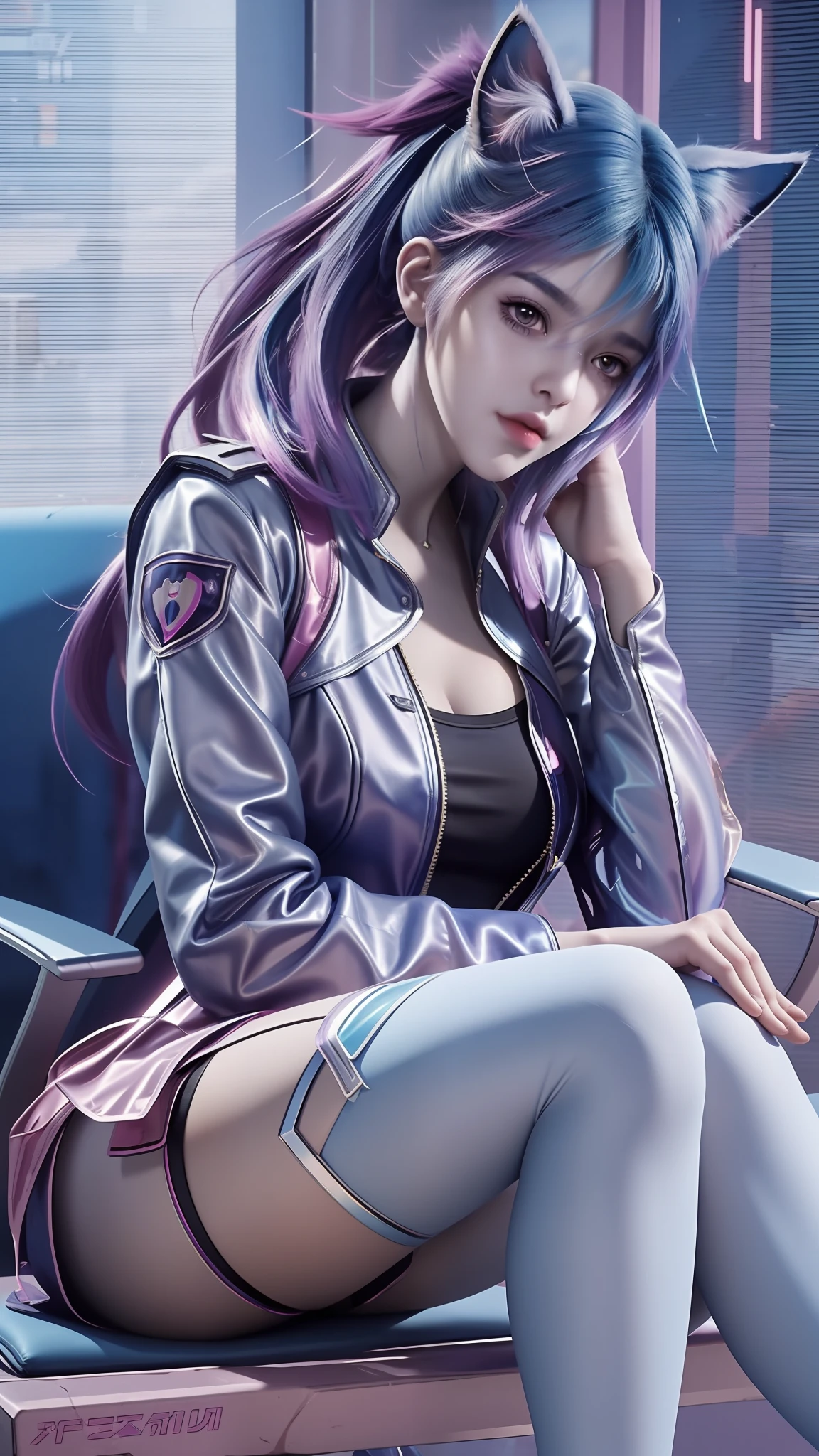 There is a woman sitting on a chair，Wearing a cat's costume, cyberpunk anime girl, female cyberpunk anime girl, cyber school girl, Cyberpunk 2 0 y. o model girl, dreamy cyberpunk girl, Digital cyberpunk anime art, muted cyberpunk style, Cyberpunk costumes, anime cyberpunk art, trending on cgstation, cyberpunk anime girl mech, cyberpunk anime art, cyberpunk femme fatale