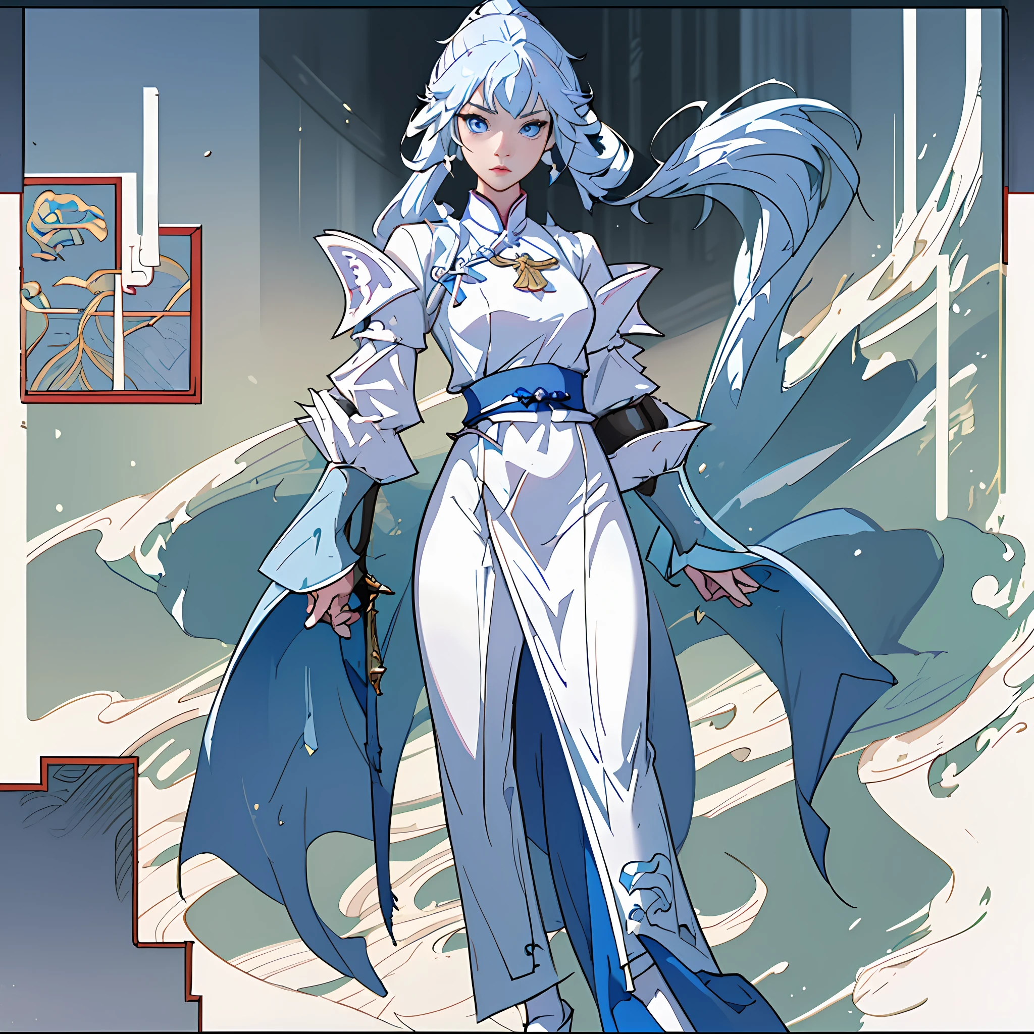 a close up of a woman in her 30's, with blue eyes and white hair, wearing a white and blue ball gown dress, a heroine in wuxia style, with blue eyes, martial artist holding a sword, standing in a chinese monastary, new costume concept design, in the style of blade and soul, full body character concept, detailed character design, inspired by Yang Jin, inspired by Li Mei-Shu, chinese costume, inspired by Lan Ying, inspired by Sim Sa-Jeong, inspired by Li Tang, lunar themed attire, costume with blue accents, inspired by Ju Lian, colored concept art, highly detailed character design, highly detailed face, inspired by Ai Xuan, very highly detailed face, unreal engine render, final fantasy 14 style, inspired by Leng Mei