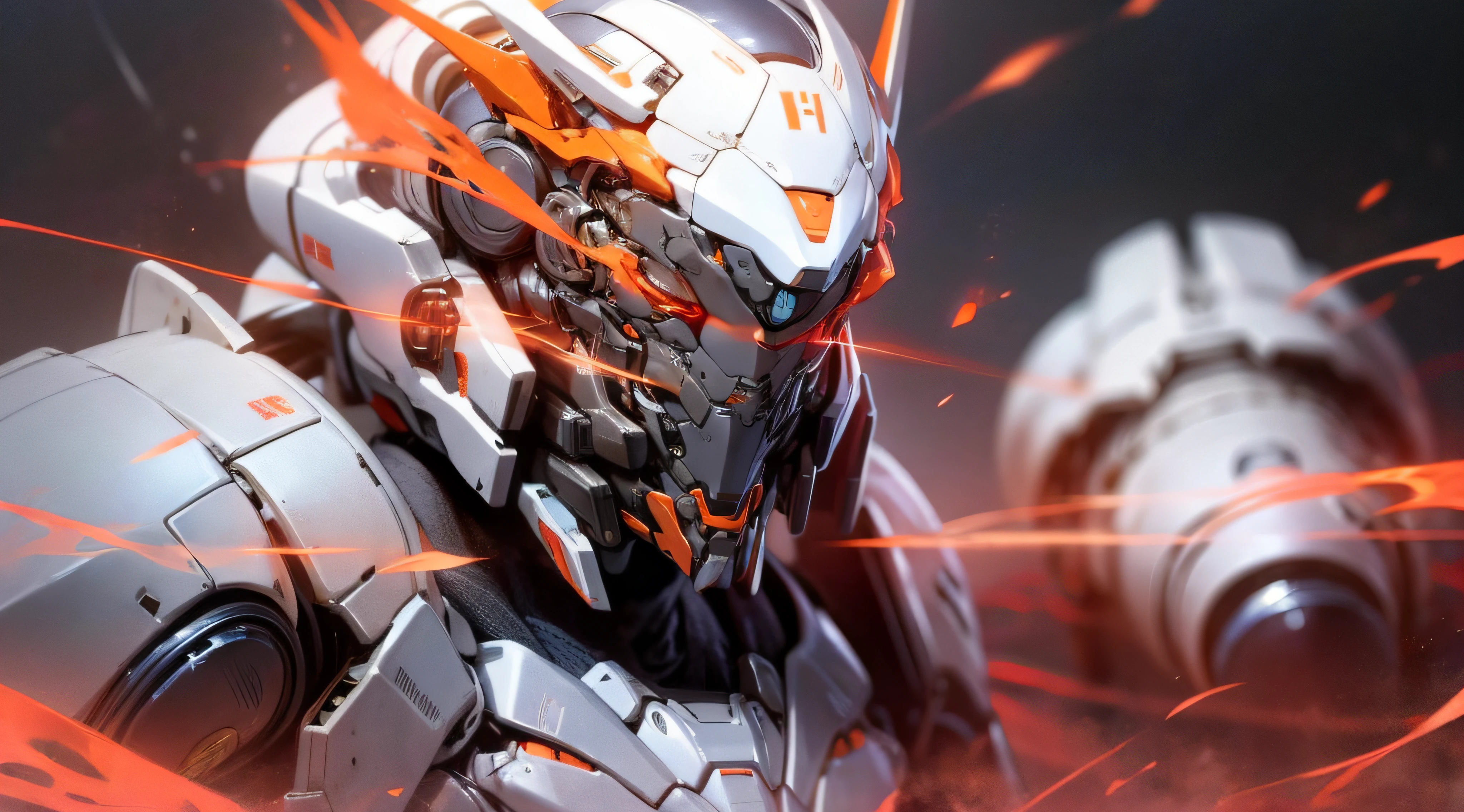 A beautiful game CG based on Doomsday Theme A,This is a light black and light white mech,Its hand holds a broad epee,It emits a fiery red glow:1.2,The mecha's eyes glowed a dazzling red:0.8,Realistic effects,lightand shade contrast,dark fog,Flow effects,The mecha lines are delicate and delicate,The mech's face is delicate and clear,The picture is dark,The light source is emitted on the eye,facial closeups,Surrounded by flames