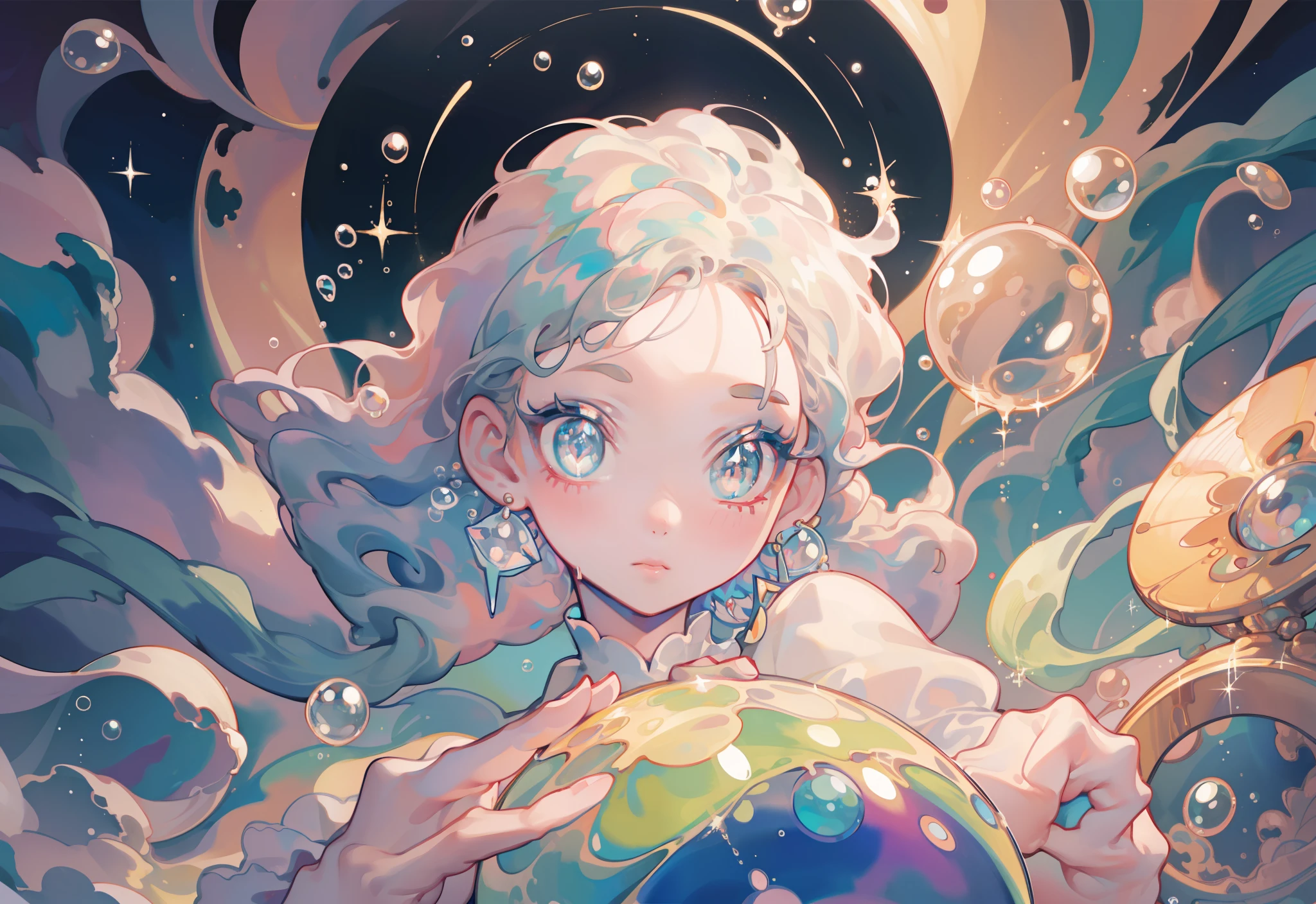 masterpiece, best quality, 8k resolution, sharp focus, intricate detail, beautiful girl, sparkling eyes, golden ratio face, otherworldly liquid, watercolor, pastel colors, bright colors, whimsical, colorful, sharp focus, high resolution, fine detail, liquid ballgown, ((round eyes)), iridescent bubbles