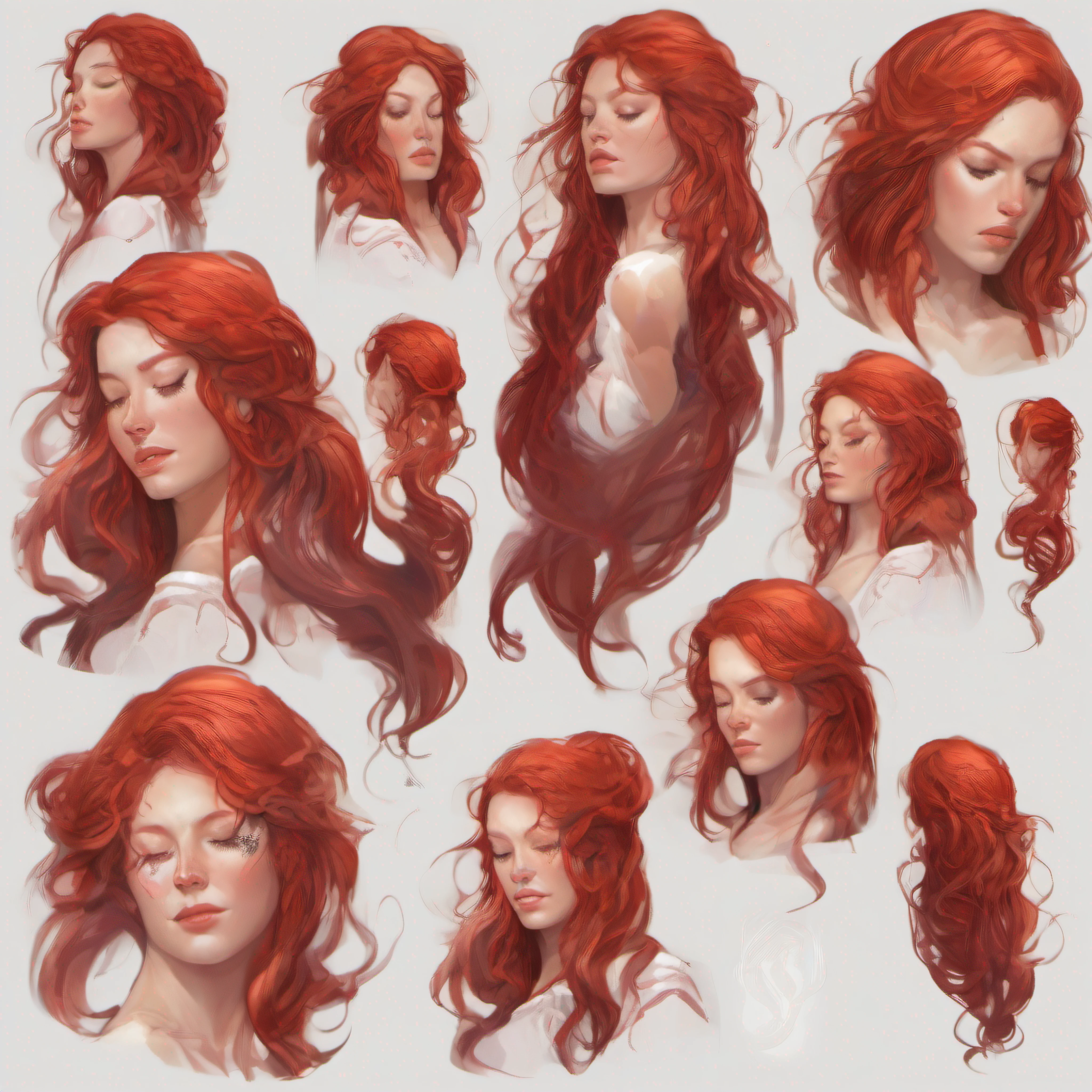 character reference sheet variations white background face of woman with red hair and long looking down eyes closed