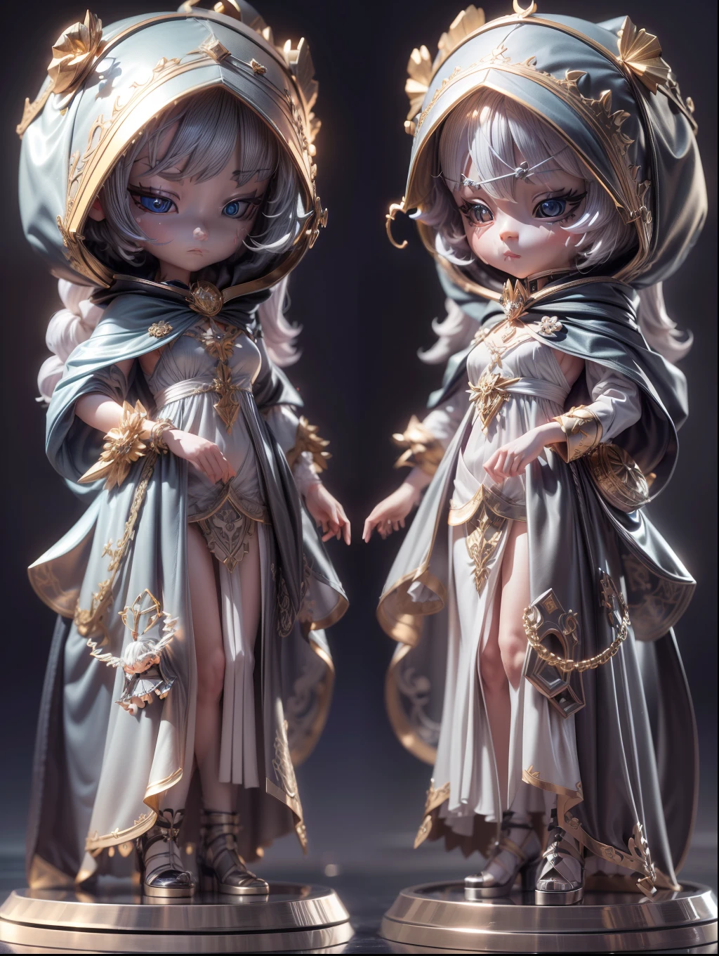 (Blind box toy style:1.2), (Full body shot) , 1 Cute Metal Witch, Delicate metal robes,Delicate metal hood, Baroque style, dreamy glow, Clean, Black draft,White gold style, ( Global illumination, Ray traching, hdr, unreal render,reasonable design, high detal, Masterpiece, Best quality, hyper HD, Cinematic lighting)
