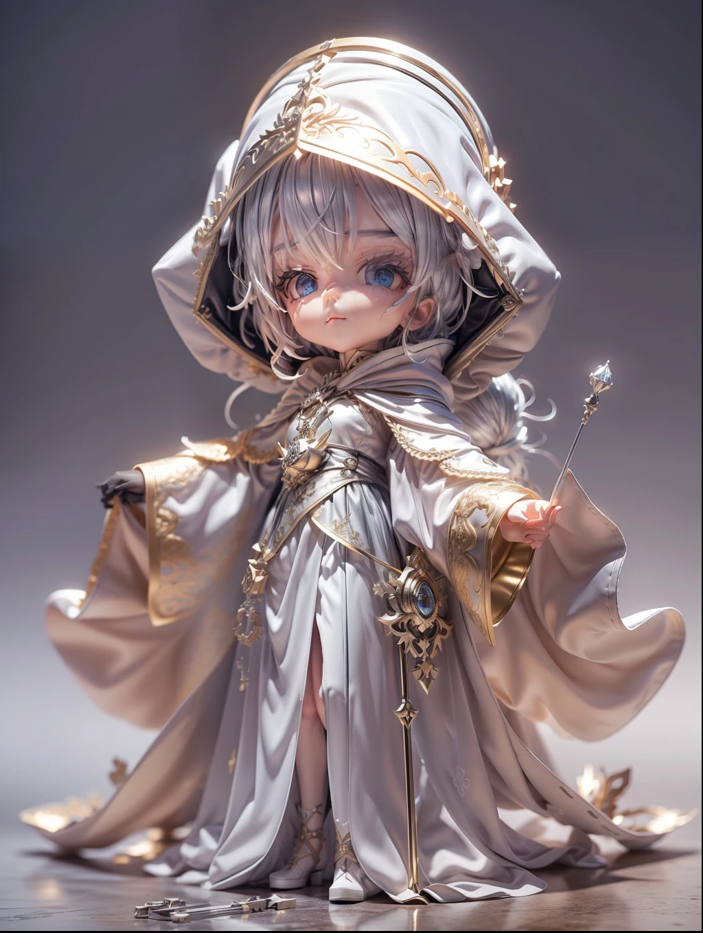 (Blind box toy style:1.2), (Full body shot) , 1 Cute Metal Witch, Delicate metal robes,Delicate metal hood, Baroque style, dreamy glow, Clean, Black draft,White gold style, ( Global illumination, Ray traching, hdr, unreal render,reasonable design, high detal, Masterpiece, Best quality, hyper HD, Cinematic lighting)