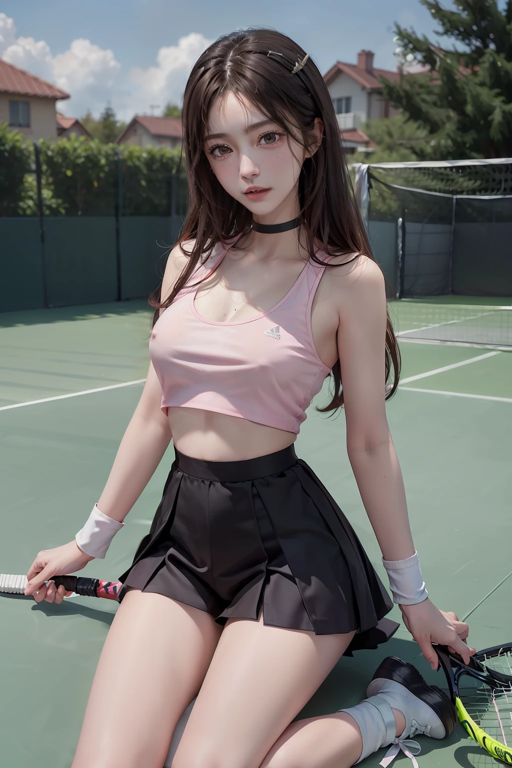 (Raw photography:1.2)、(photoRealstic:1.4)、(masuter piece:1.3)、(top-quality:1.4)、超A high resolution、nffsw、8K分辨率、dream-like、(((Playing tennis)))、Check Commentary、Commentary Request、landscapes、((without text) )、solofocus、(Full body like)、(eye detailed)、(facial features details)、(The specifics of the features of clothing)、skintight、(shinny skin)、(Slender girl)、(Slim Girl)、(1 girl in、独奏) 、VirtualGirl-Rin、Happy、A smile、(Taut)、bangss、Medium long hair of chestnut color with gradient、Brown hair、Brown eyes、Black Choker、college aged、hi-school girl、White High School Athletic Uniform、Adidas Sports Shorts、espadrilles、Work up a sweat、You can see cute pink underwear、Bite、((You can see the pink undercoat))、I can see the bra、((Nipples erect))