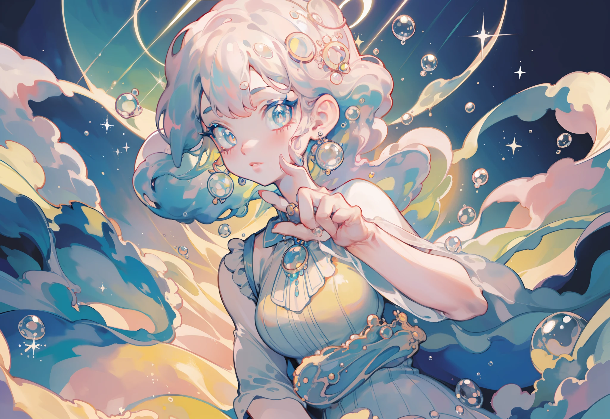 masterpiece, best quality, 8k resolution, sharp focus, intricate detail, beautiful girl, sparkling eyes, golden ratio face, otherworldly liquid, watercolor, pastel colors, bright colors, whimsical, colorful, sharp focus, high resolution, fine detail, liquid ballgown, ((round eyes)), iridescent bubbles